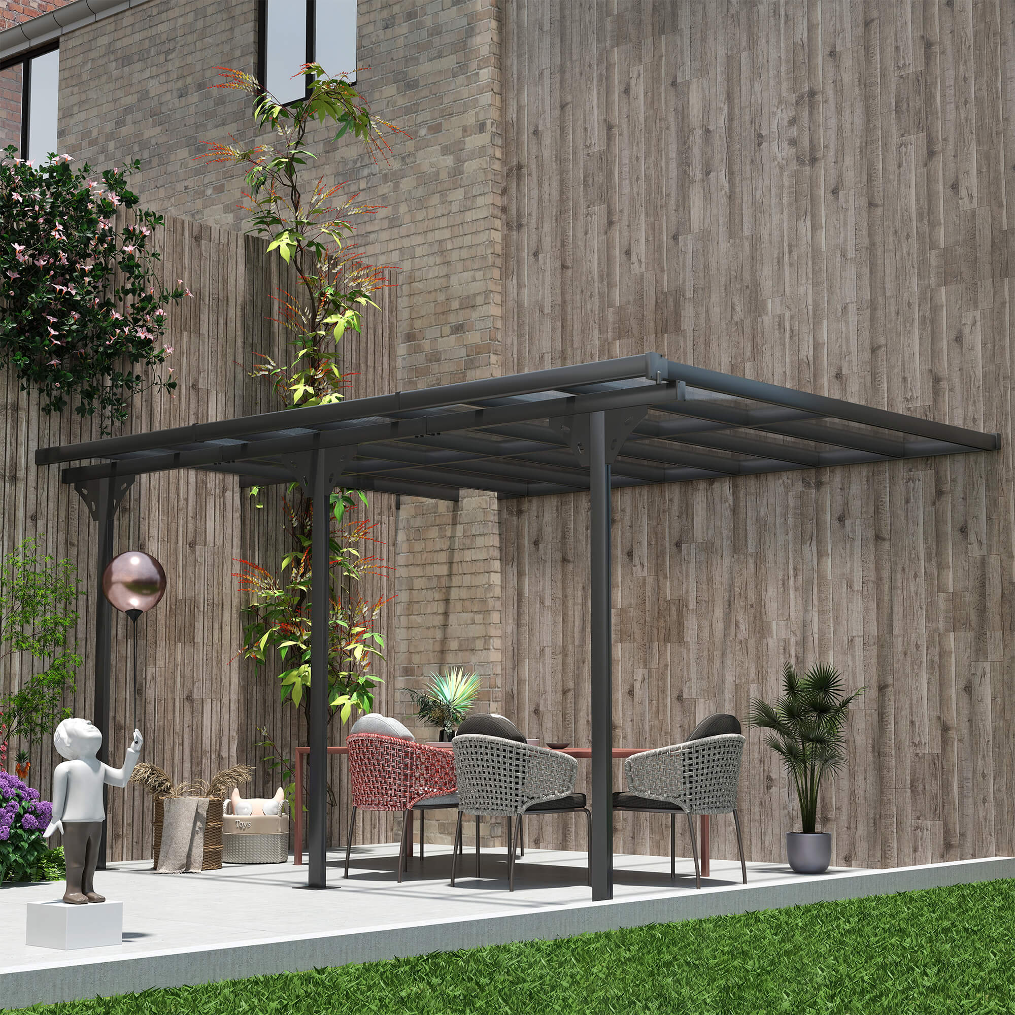 14.5' x 10' Aluminum Polycarbonate Pergola with UV Blocking for Outdoor Wall-Mounted Use, Family Shade, Gray