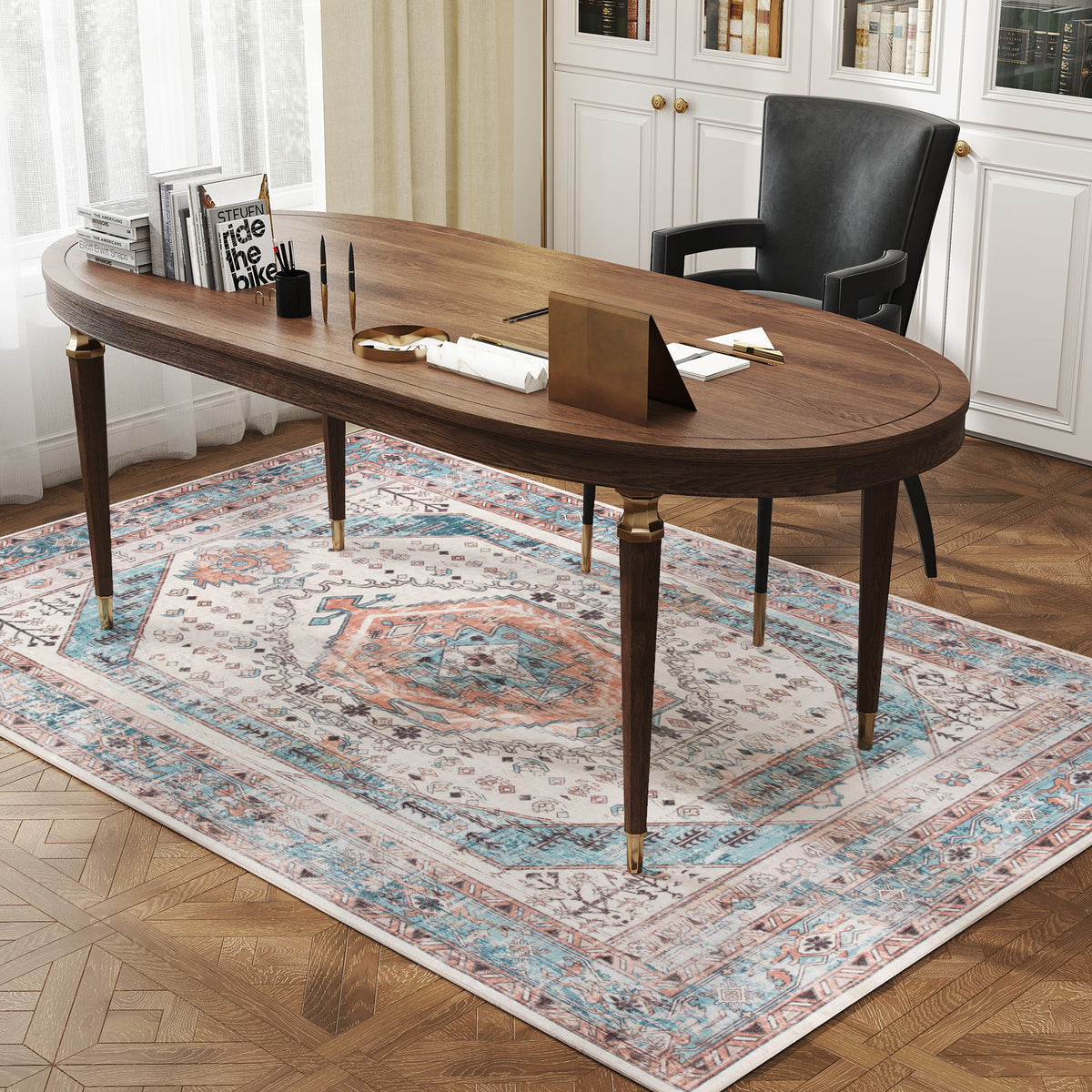 4x6 Area Rug, Vintage Machine Washable Rug, Non-Slip Floor Carpet for Living Room, Bedroom, Dining Room, Brown and Blue