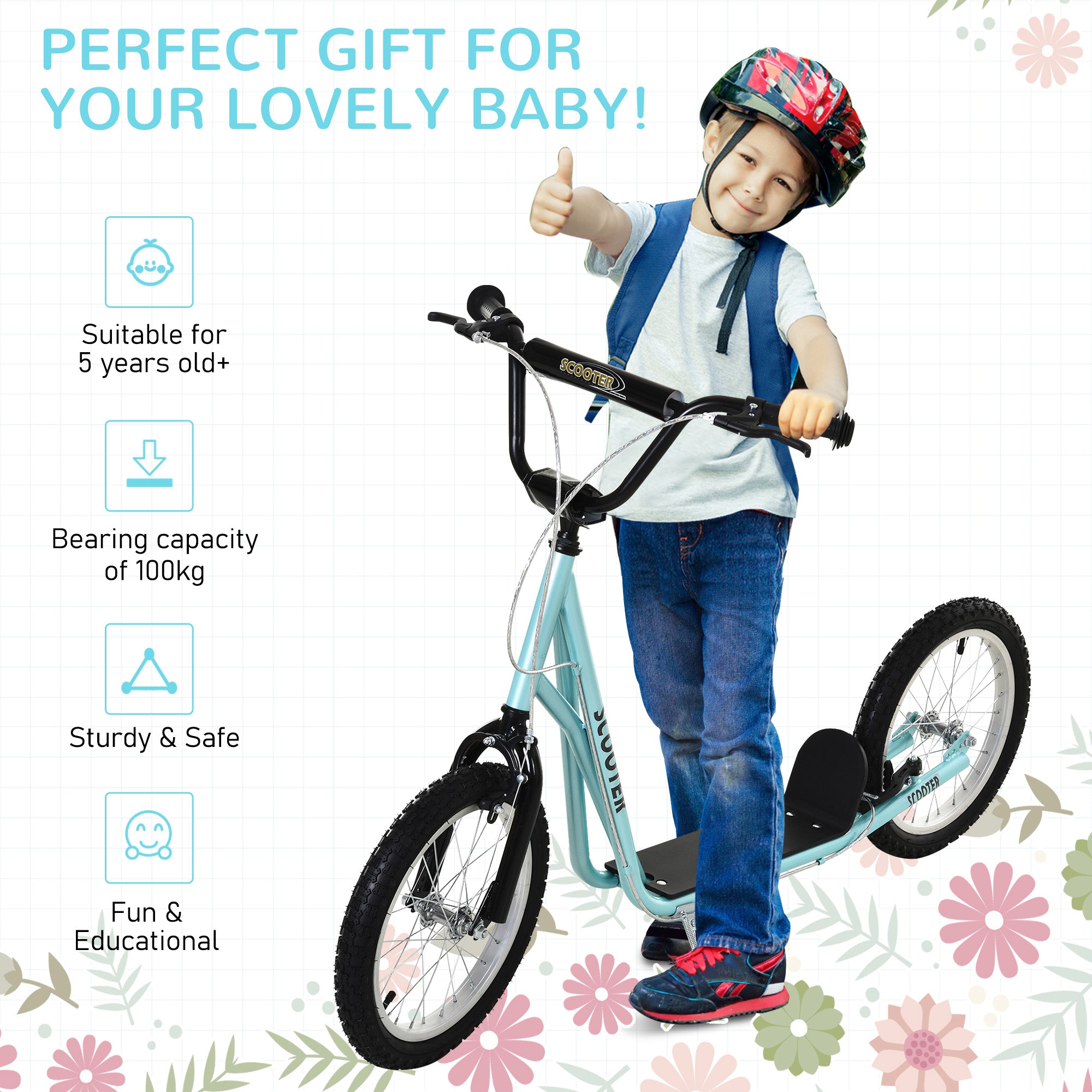 Youth Scooter Kick Scooter for Kids 5+, Max Load 220 LBS., with Adjustable Handlebar, 16" Inflatable Wheels, Dual Brakes, Blue