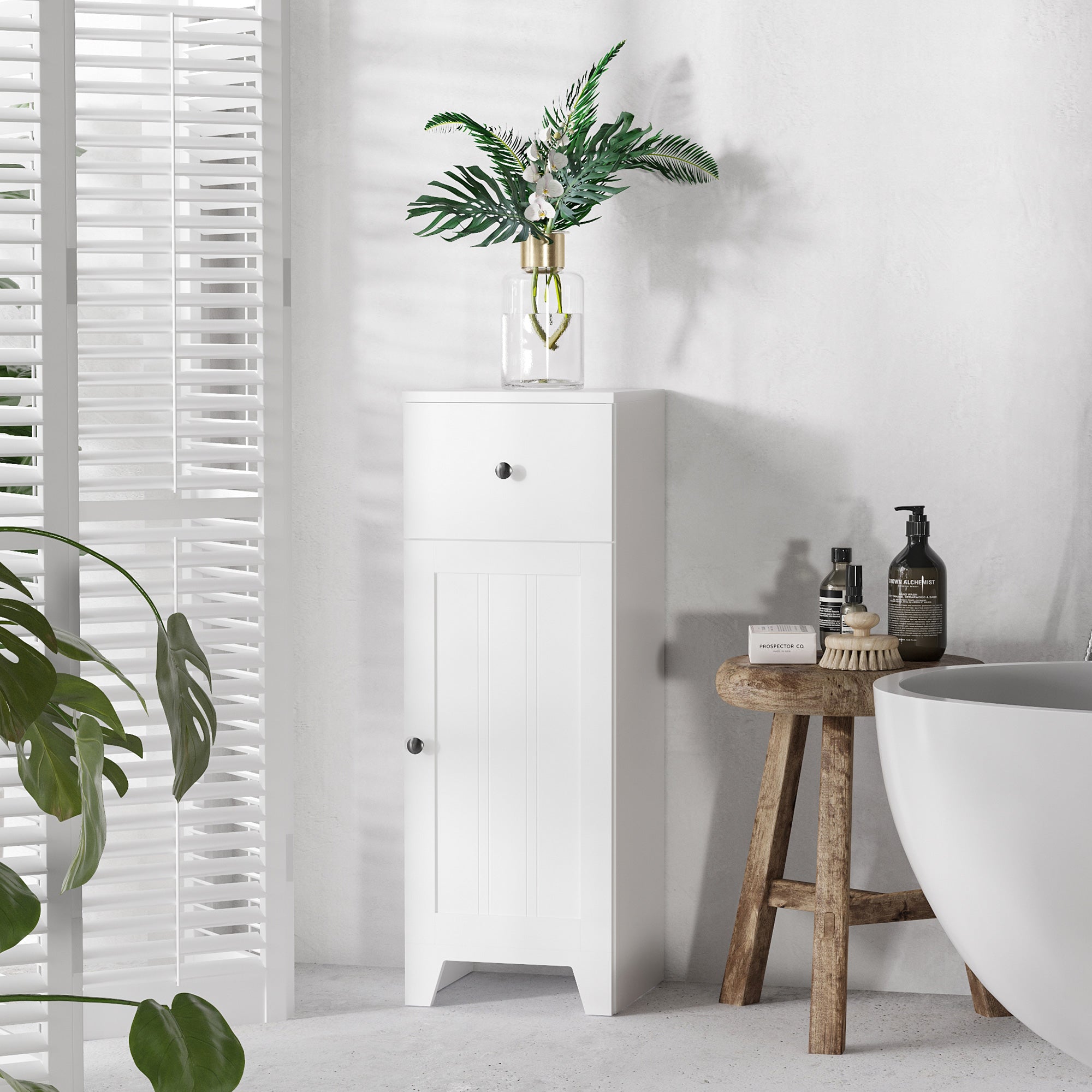 Short Bathroom Storage Cabinet, Cabinet Organizer with 1 Drawer and Adjustable Shelf for Living Room, White