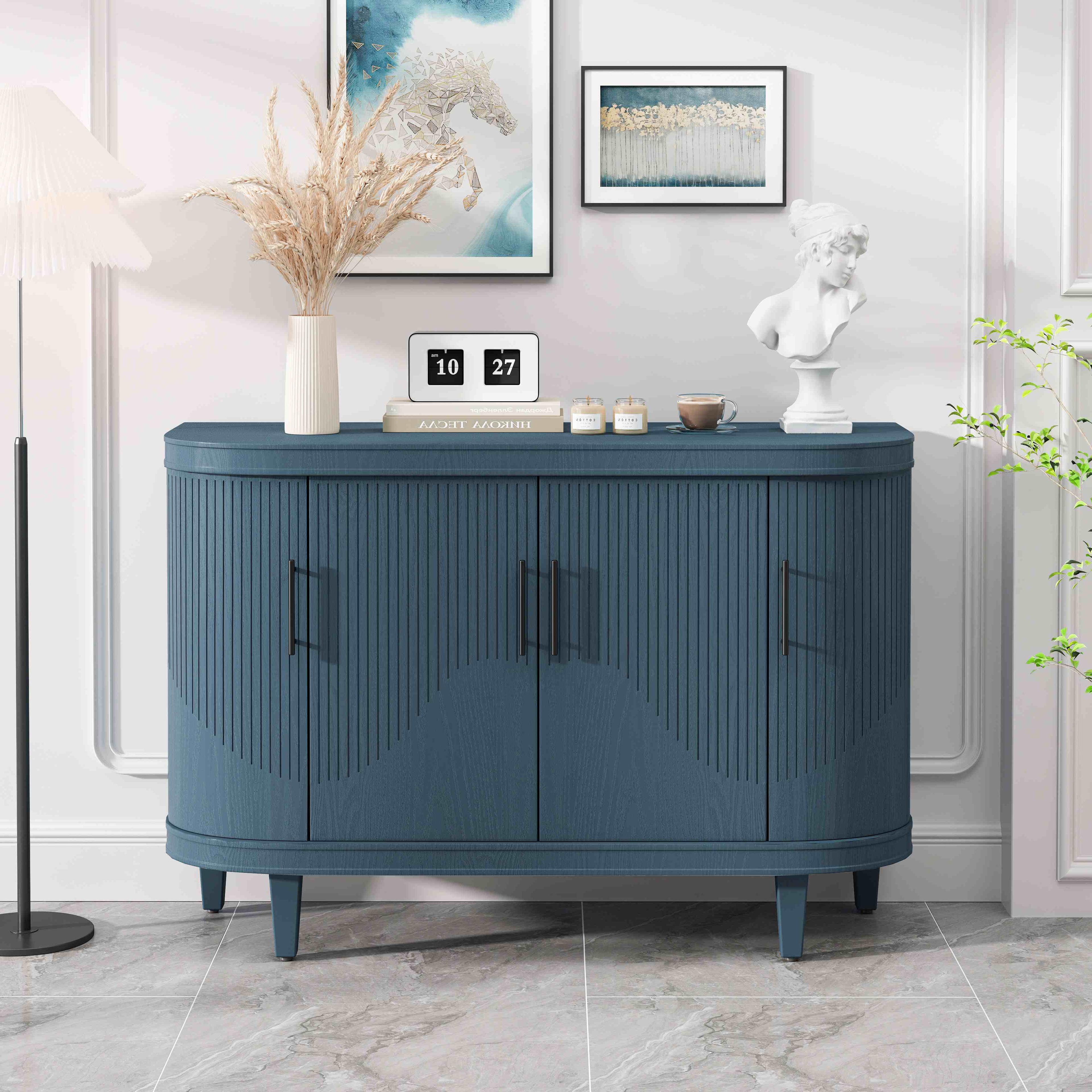 Modern Curved Sideboard, 47.2-Inch Decorative Storage Cabinet with 4 Doors, Adjustable Interior Shelves, Wooden Console Table for Living Room, Kitchen, Bedroom, Hallway, Blue