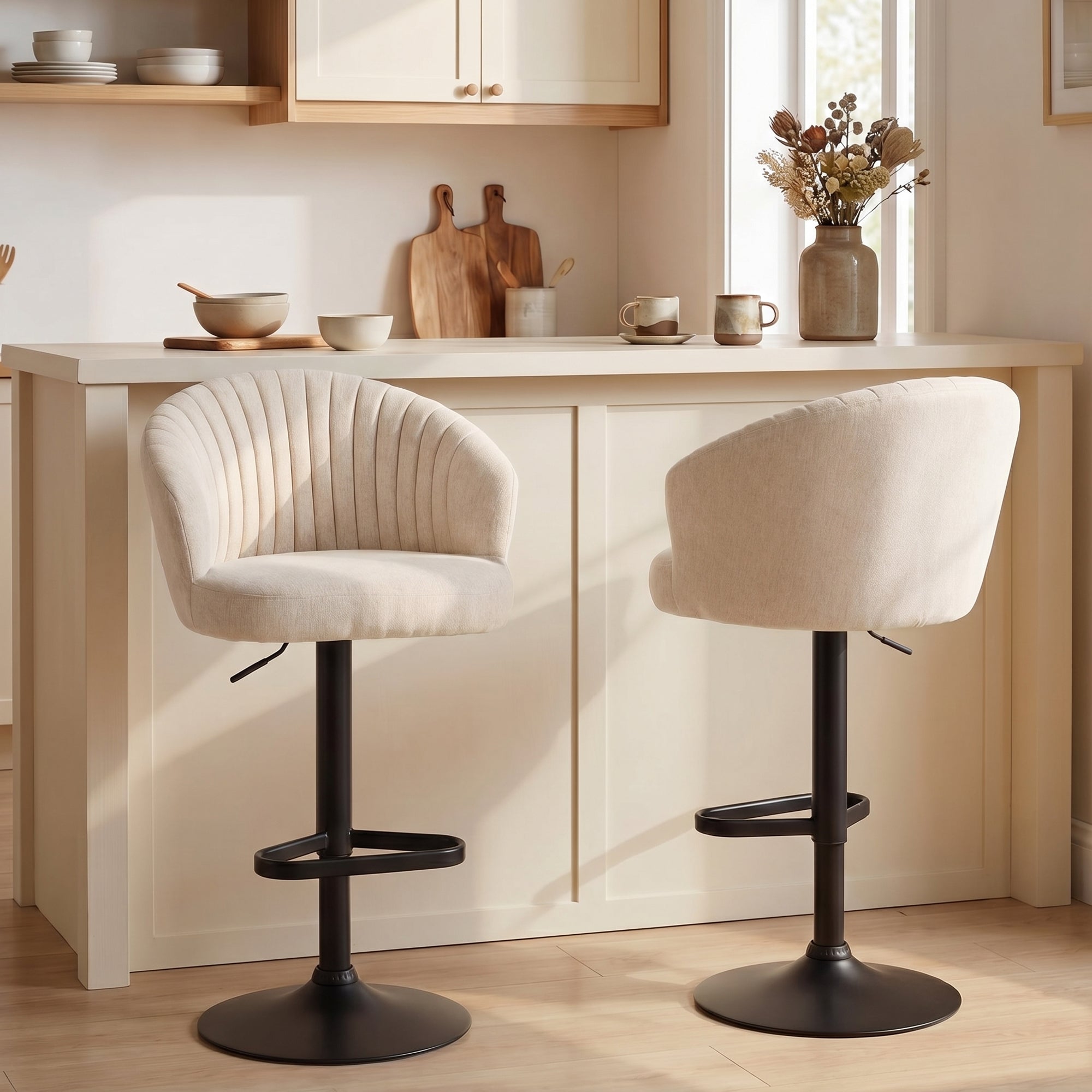Modern Upholstered Adjustable Barstools with Swivel Seat, Linen Touch Fabric, Steel Frame, Footrest, ‎Beige