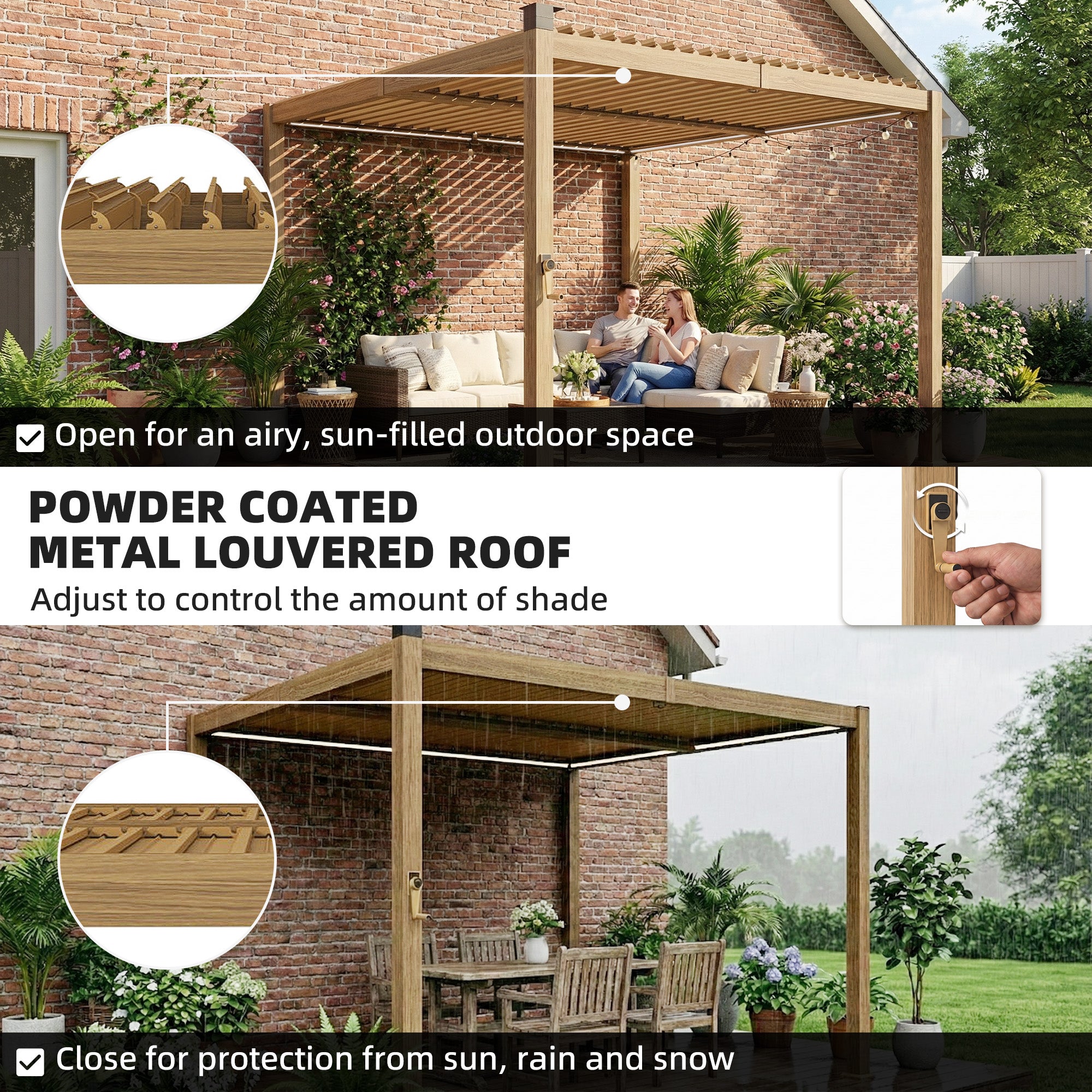 10' x 10' Louvered Pergola with Solar LED lights, Metal Roof, Outdoor Pergola Patio Gazebo with Drainage Gutters, Brown