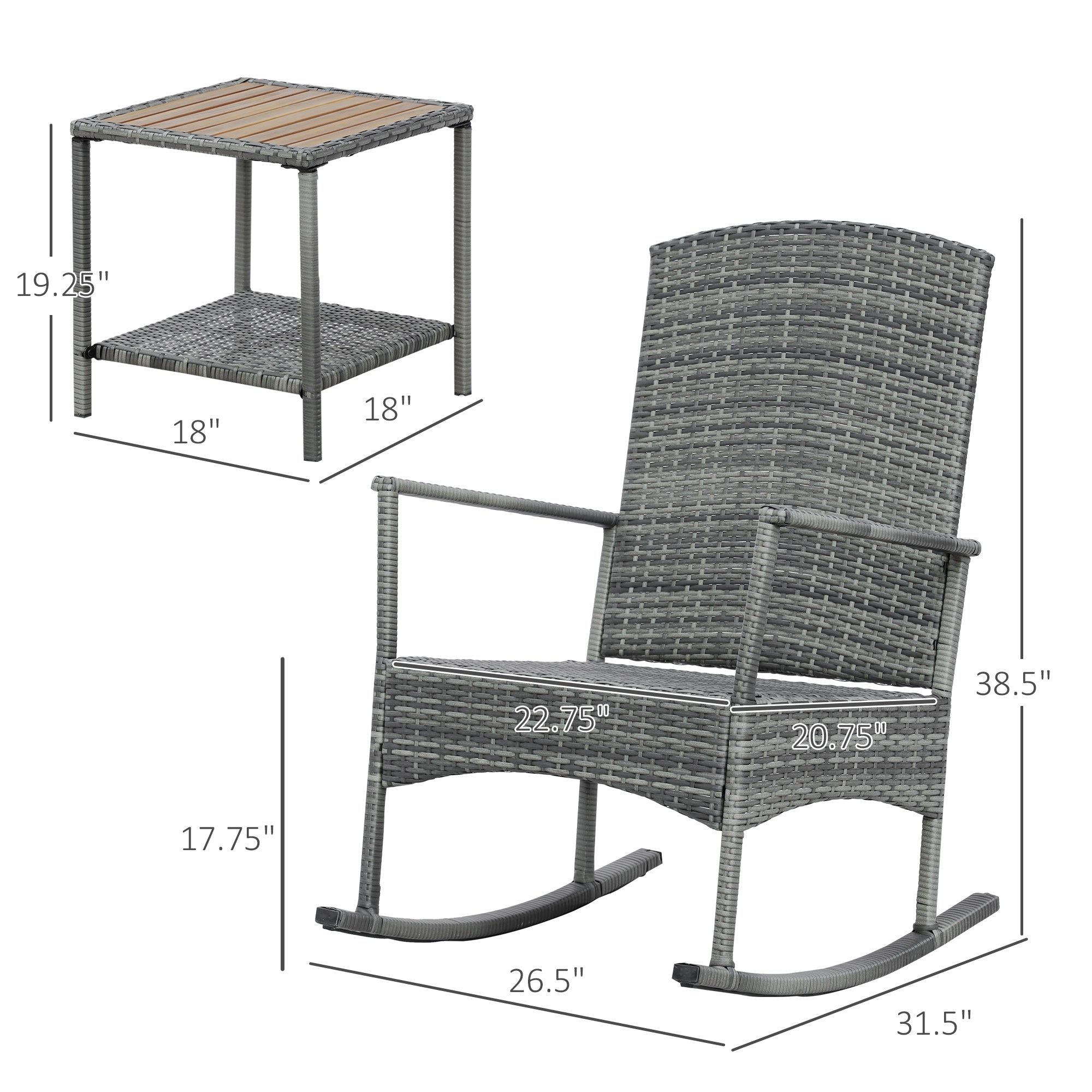 3 Piece Outdoor PE Rattan Rocking Chair Set, Patio Wicker Recliner Rocker Chair with Soft Cushion & Nature Wood Top Coffee Table, Gray