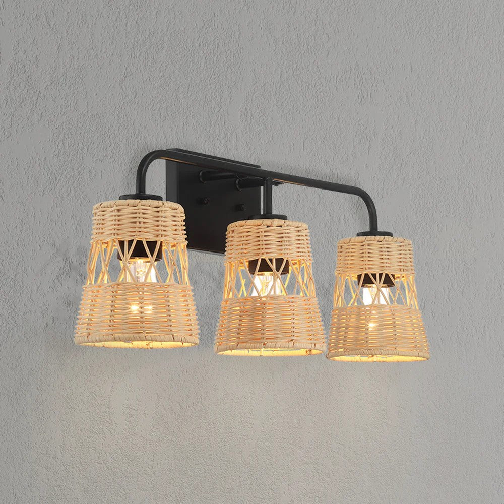 Stylish Three-Light Wall Sconce with Rattan Shade, Metal Finish, Bathroom Lighting Fixture Over Mirror, 6.5" L x 22.5" W x 9.5" H, Black