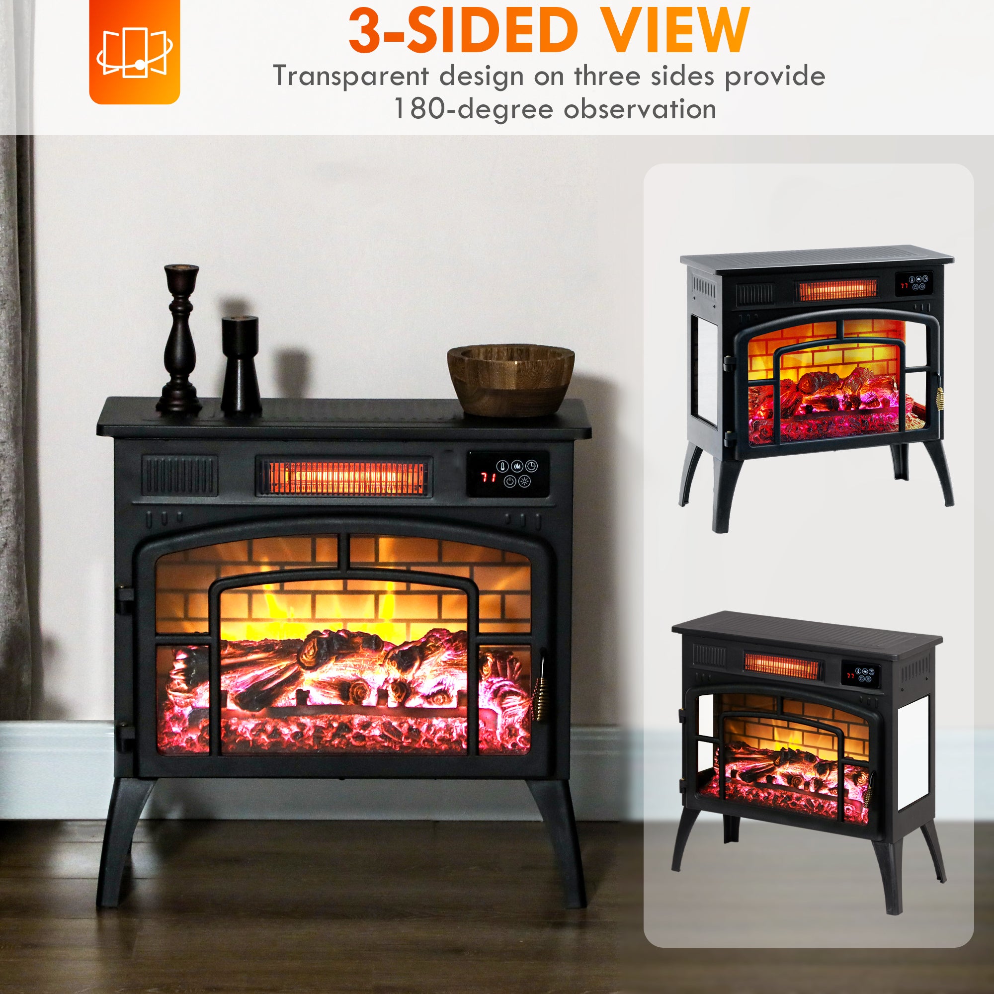 Electric Fireplace Stove, Infrared Fireplace Heater with Realistic Flame & Adjustable Temperature, 1500W, Black