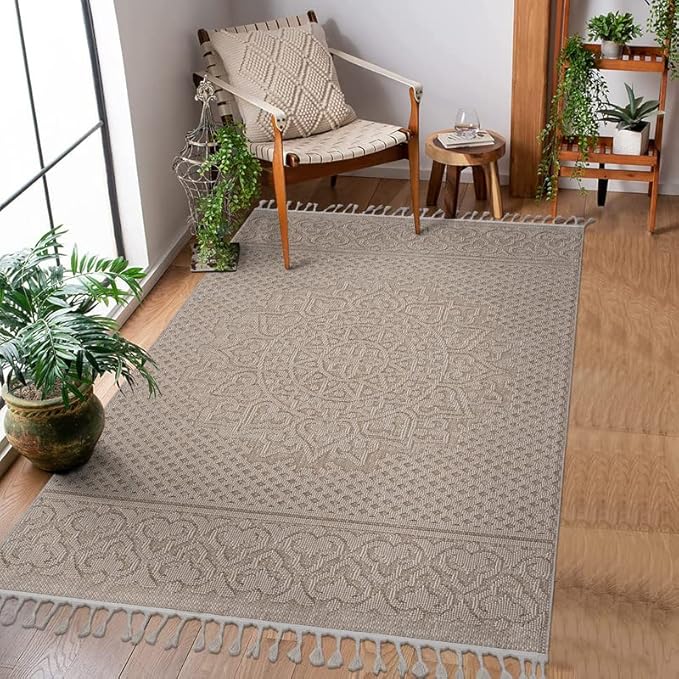 Naar 4x6 Indoor Outdoor Stain-Resistant Area Rug with Medium Pile Height, Kid and Pet-Friendly Carpet, 74" L x 48" W x 0.3" H, Beige