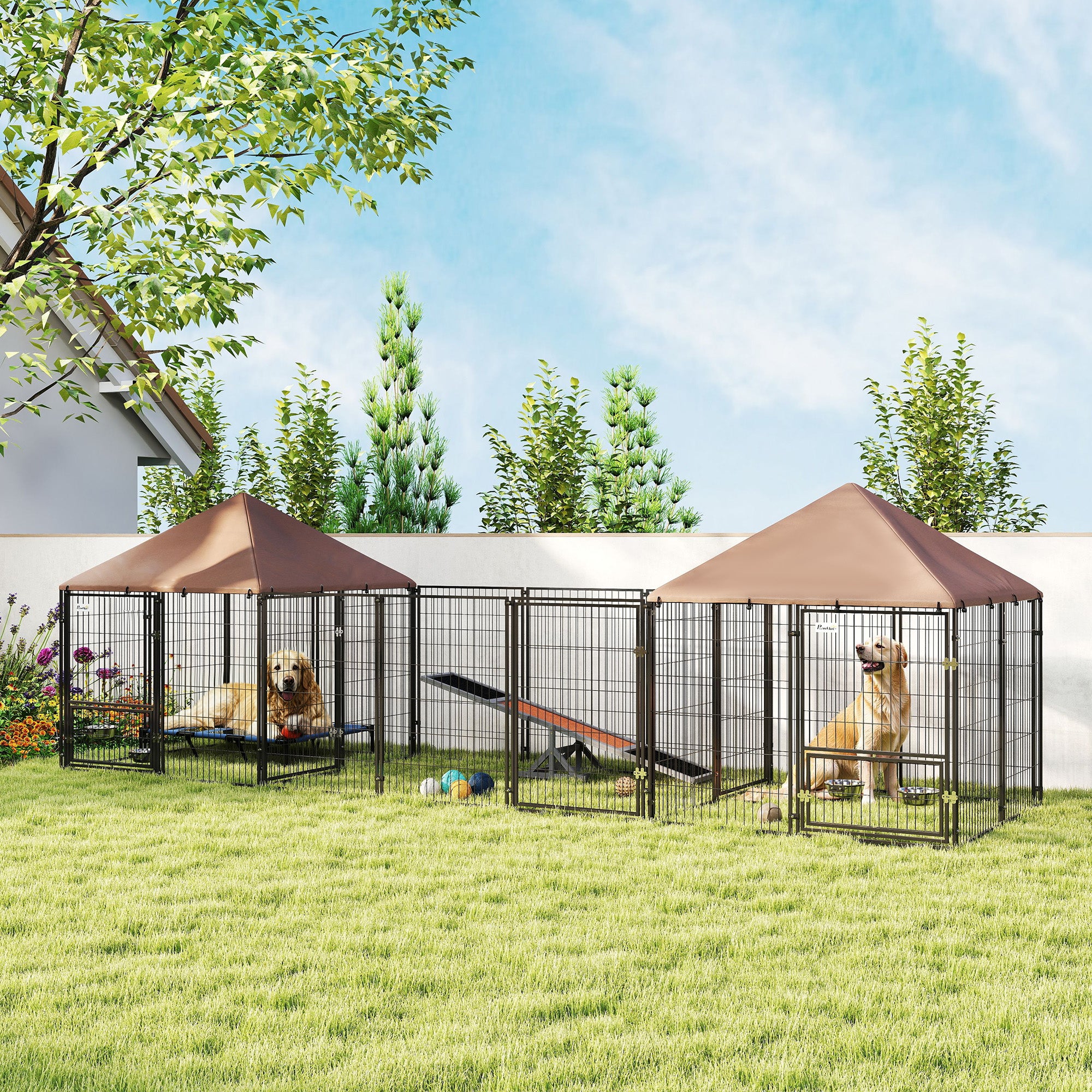 Large Outdoor Dog Kennel with 2 Rooms, Rotating & Adjustable Height Bowls, Waterproof & UV-Resistant Canopy