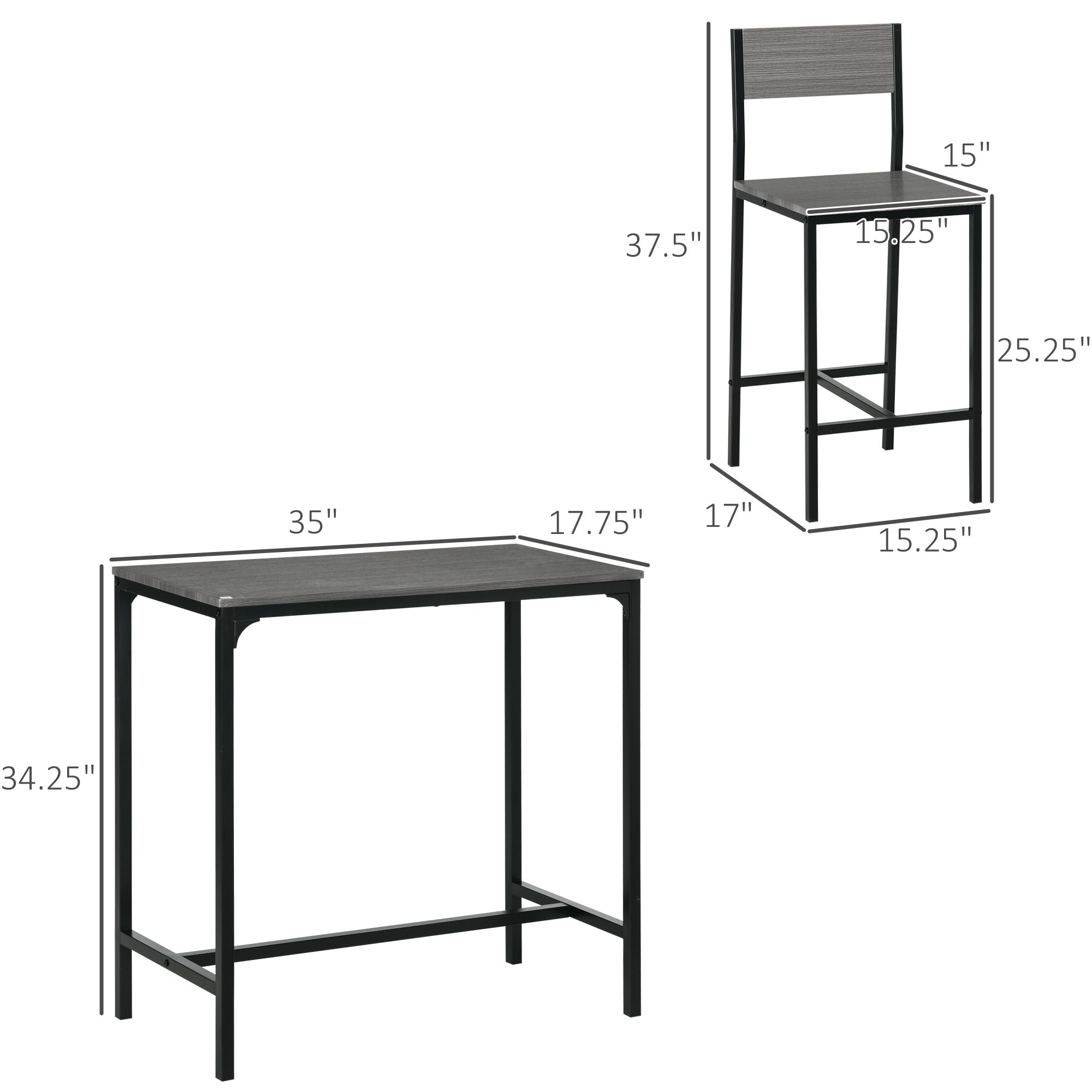 3 Piece Bar Table and Chairs, Industrial Dining Table Set for 2, Counter Height Kitchen Table with Bar stools, Breakfast Table Set for 2 for Small Space, Gray