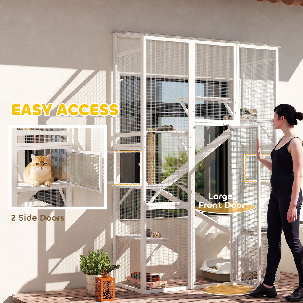 Outdoor Catio Cat Enclosure, Large Wooden Cat House with 6 Jumping Platforms, Scratching Post, 2 Ramps, for 2-3 Kittens