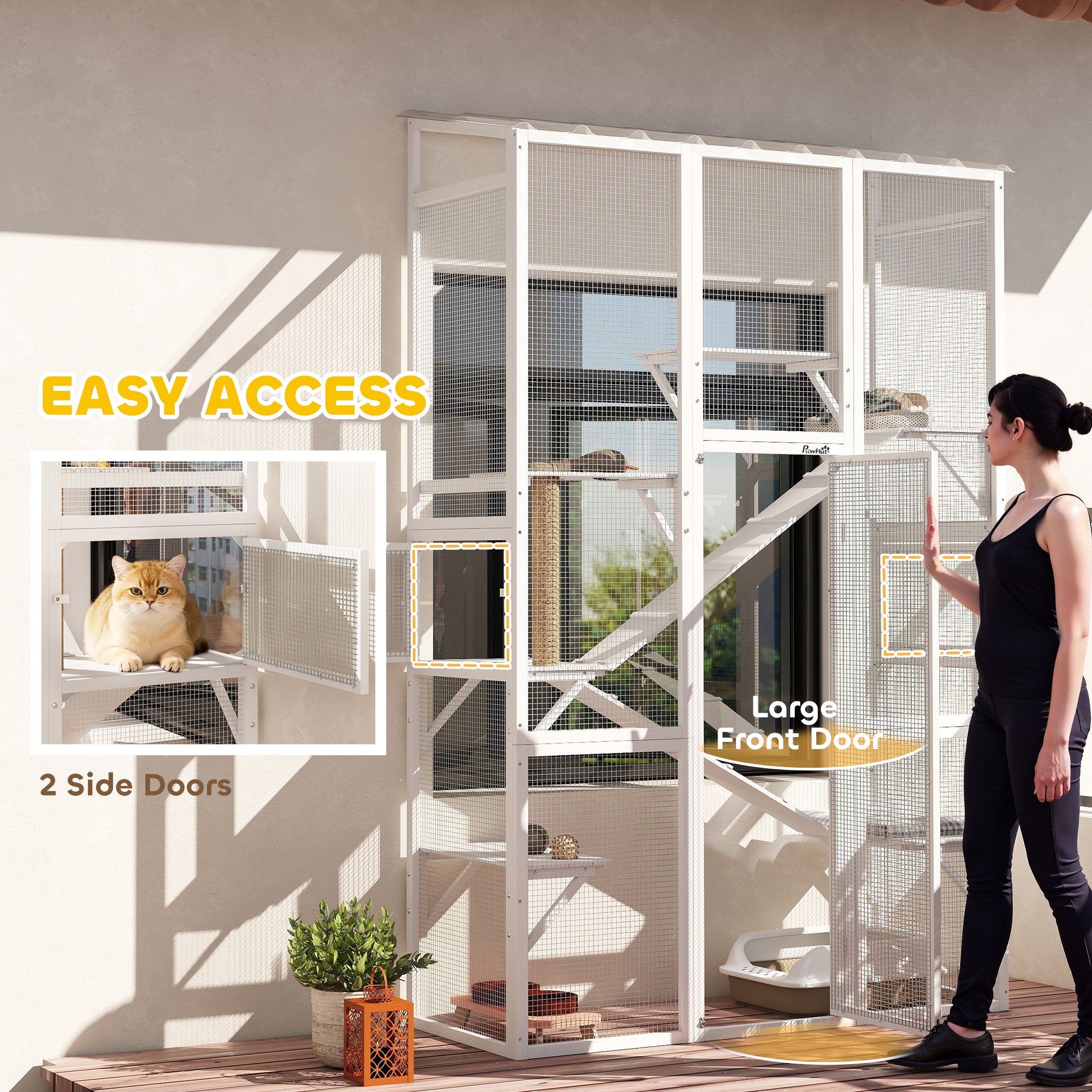 Outdoor Catio Cat Enclosure, Large Wooden Cat House with 6 Jumping Platforms, Scratching Post, 2 Ramps, for 2-3 Kittens