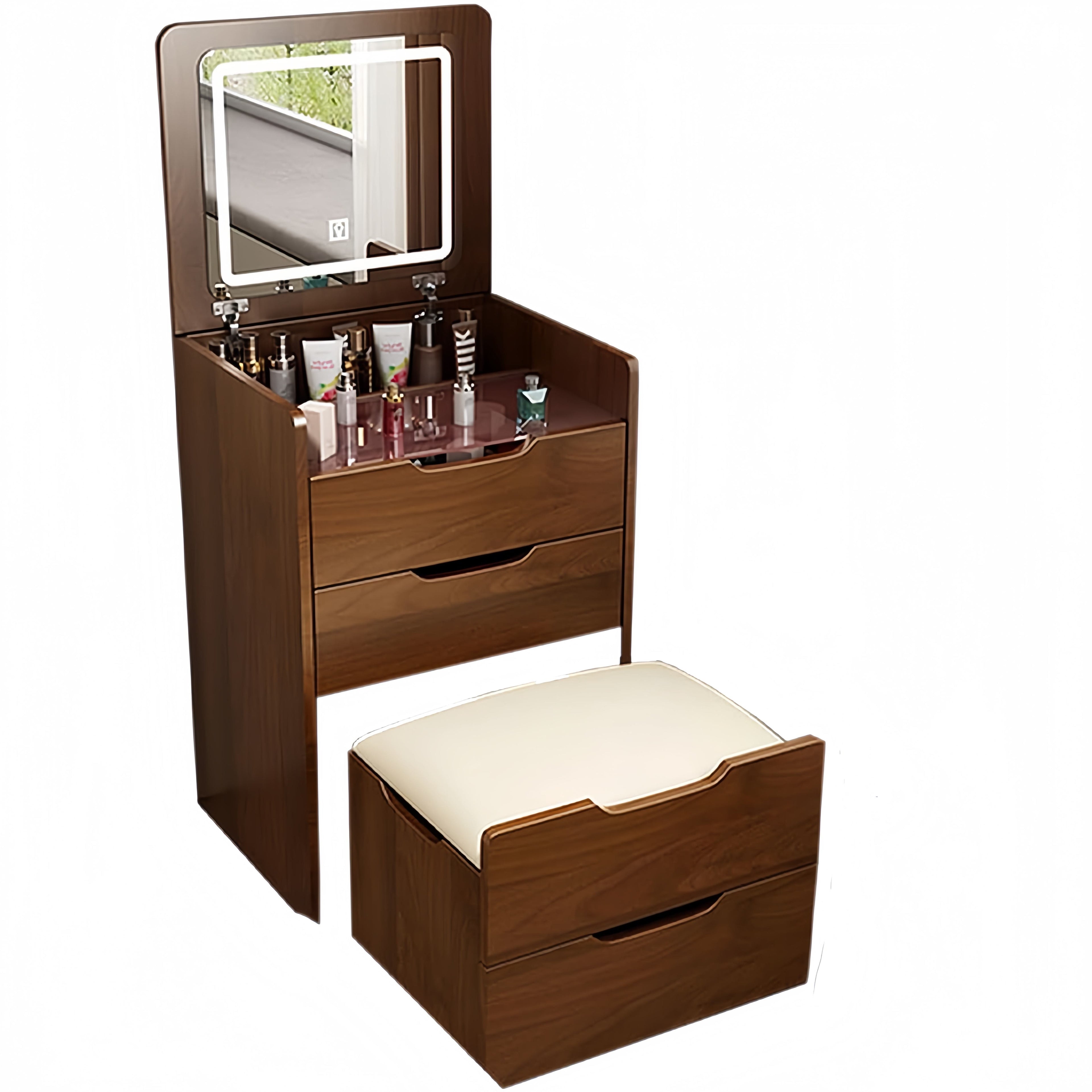 3-in-1 Vanity Desk with Flip Top Mirror, Compact Makeup Vanity Set with Visible Glass Desktop and 3 Drawers, 20" L x 16" W x 31.5" H, Walnut