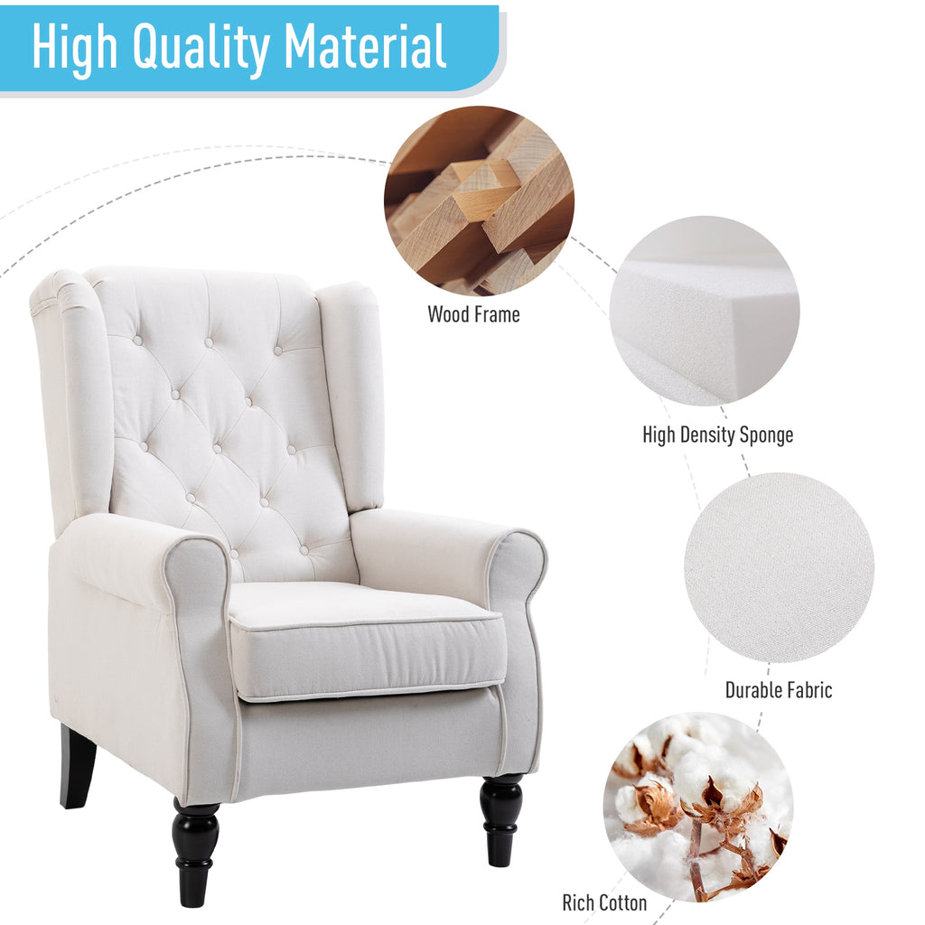 Button-Tufted Accent Chair with High Wingback, Rounded Cushioned Armrests and Thick Padded Seat, Set of 2, Cream White