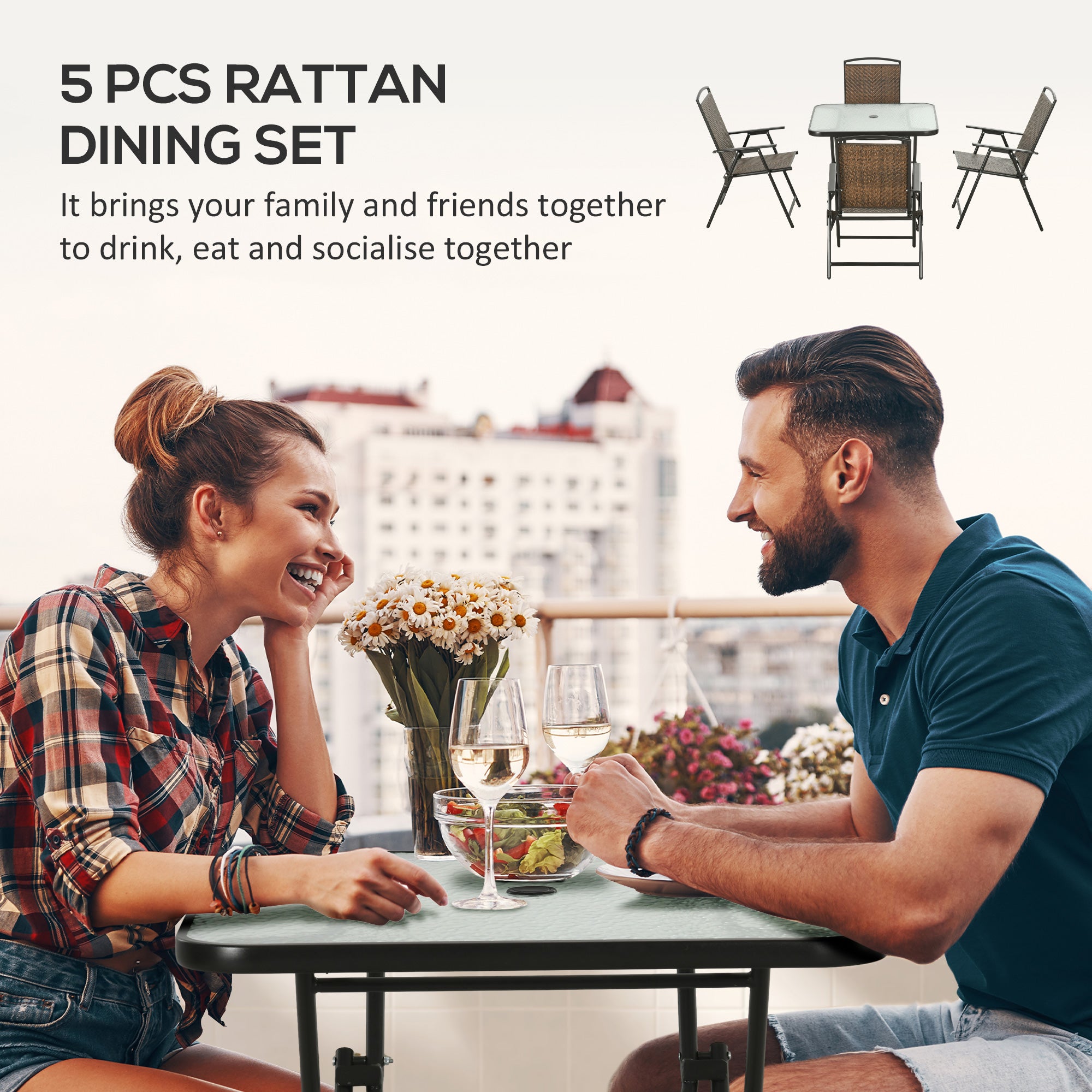 5 Pieces Patio Table and Chairs, Foldable Wicker Outdoor Dining Table Set with Umbrella Hole, Dark Brown