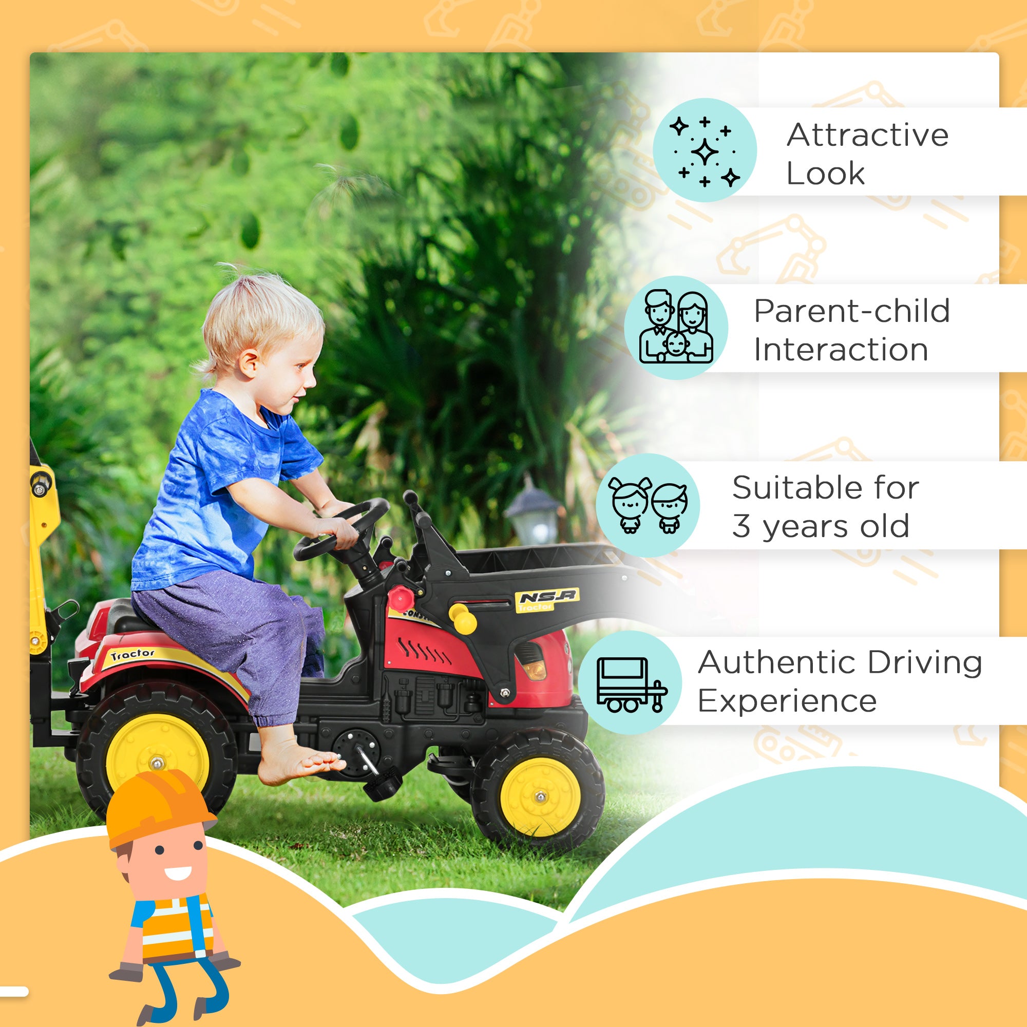 3 in1 Kids Ride On Bulldozer Excavator Toy with 6 Wheels Controllable Cargo Trailer Easy Pedal Controls for 3-6 Years