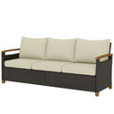 3 Seater Outdoor Couch Sofa, PE Wicker Patio Sofa, Wide Deep Seat, 4" Cushions, Wood-Effect Armrests Legs, Beige