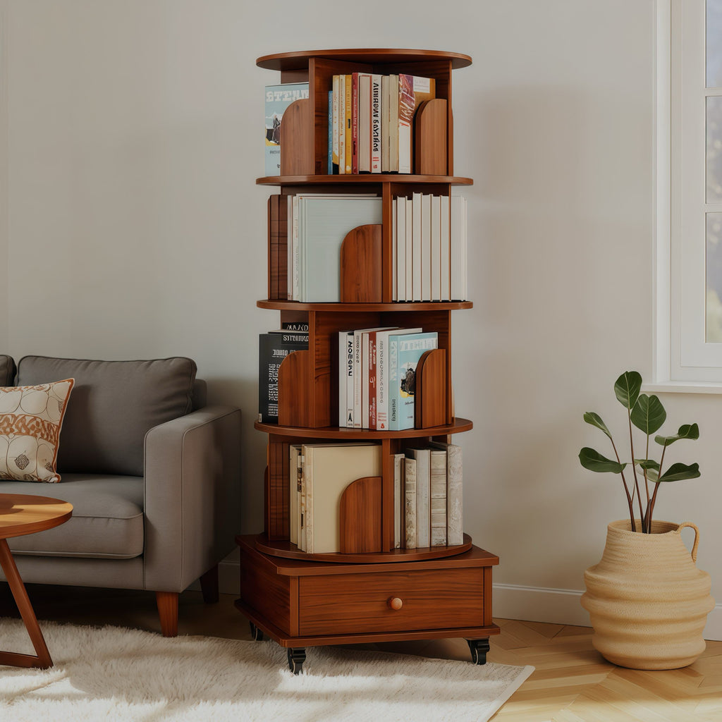 5-Tier Corner Bookcase for Small Spaces, 360-Degree Rotating Display Bookshelf with Drawer, 18" L x 18" W x 57" H, Walnut Brown