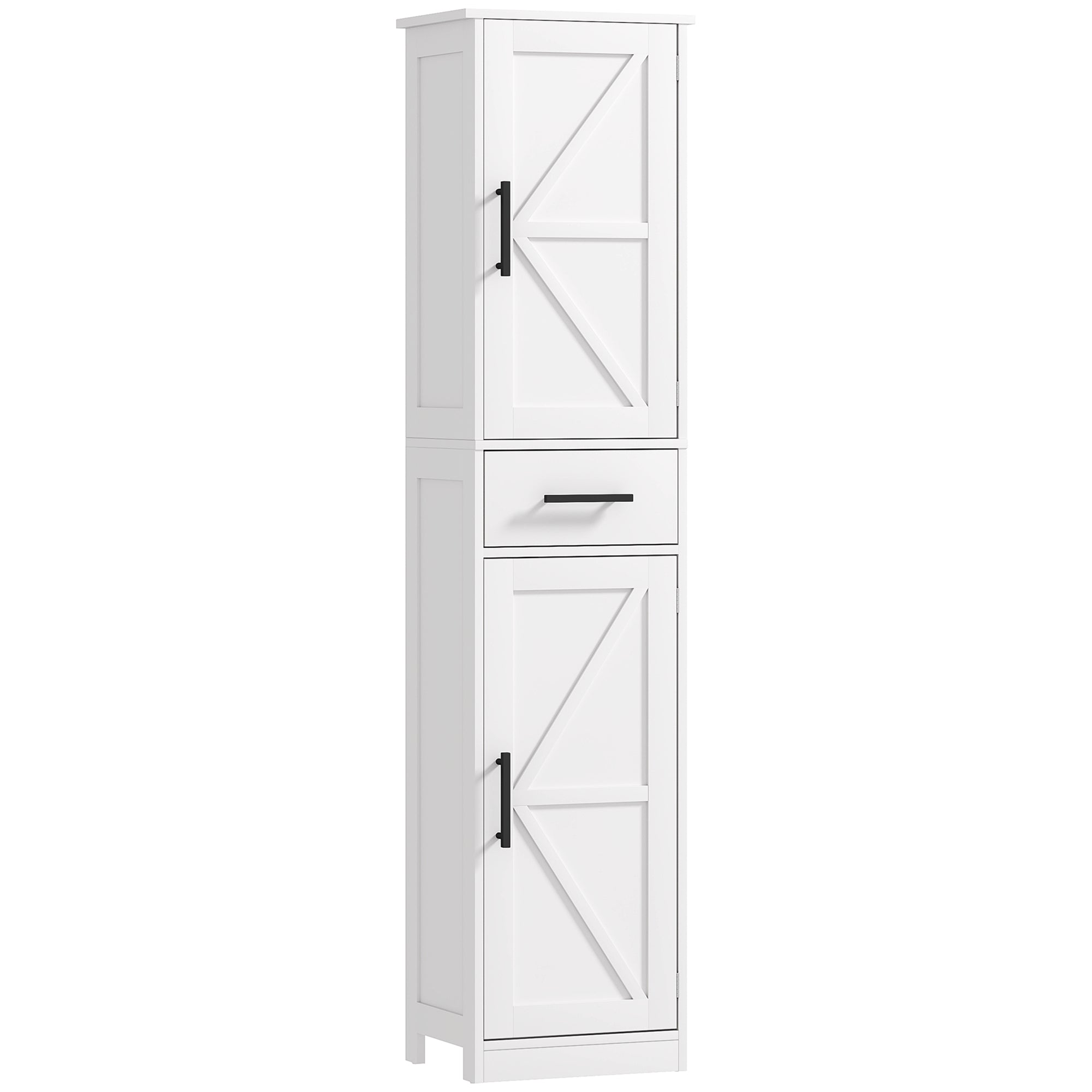 Farmhouse Linen Closet with Drawer, 67" Tall Bathroom Storage Cabinet with Barn Doors and Adjustable Shelves, White