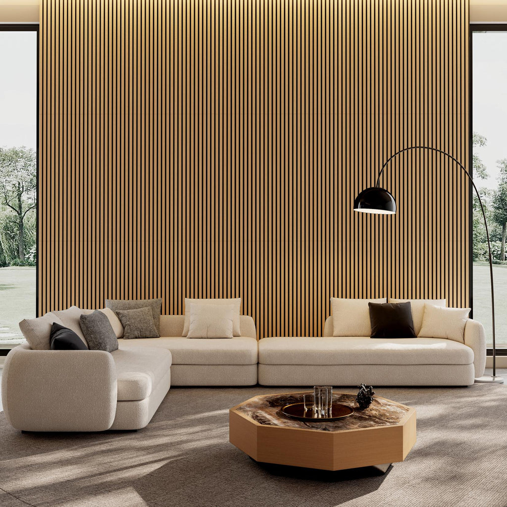 4-Pack Wood Slat Acoustic Wall Panels with MDF & High-Density Polyester, Fluted Cladding for Wall or Ceiling, 45.5" L x 23.5" W x 1" H, White Oak