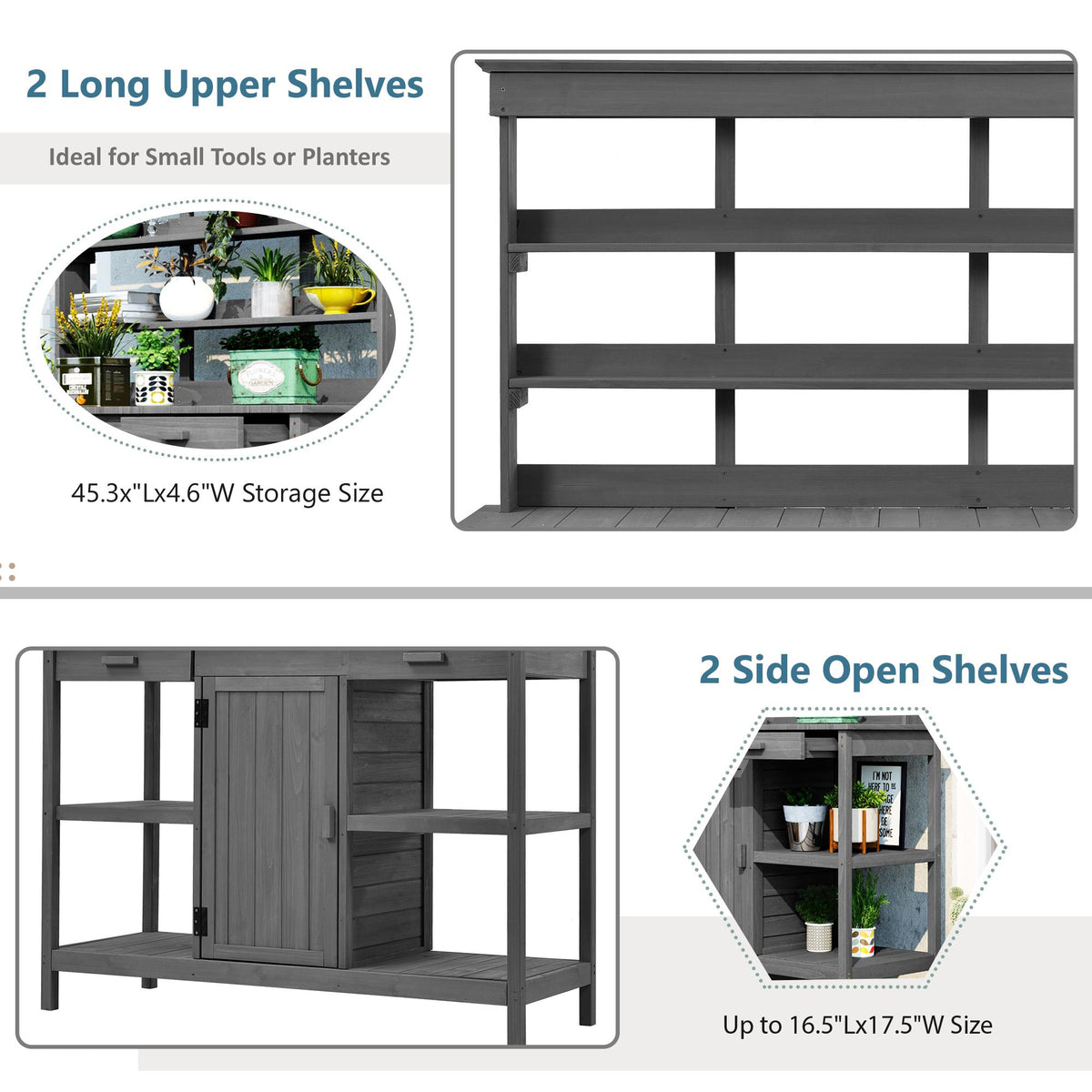 Outdoor Potting Bench with 2 Drawers, Cabinet & Open Shelf, Farmhouse Garden Workstation for Backyard, 50'' L x 19.5'' W x 66'' H, Gray