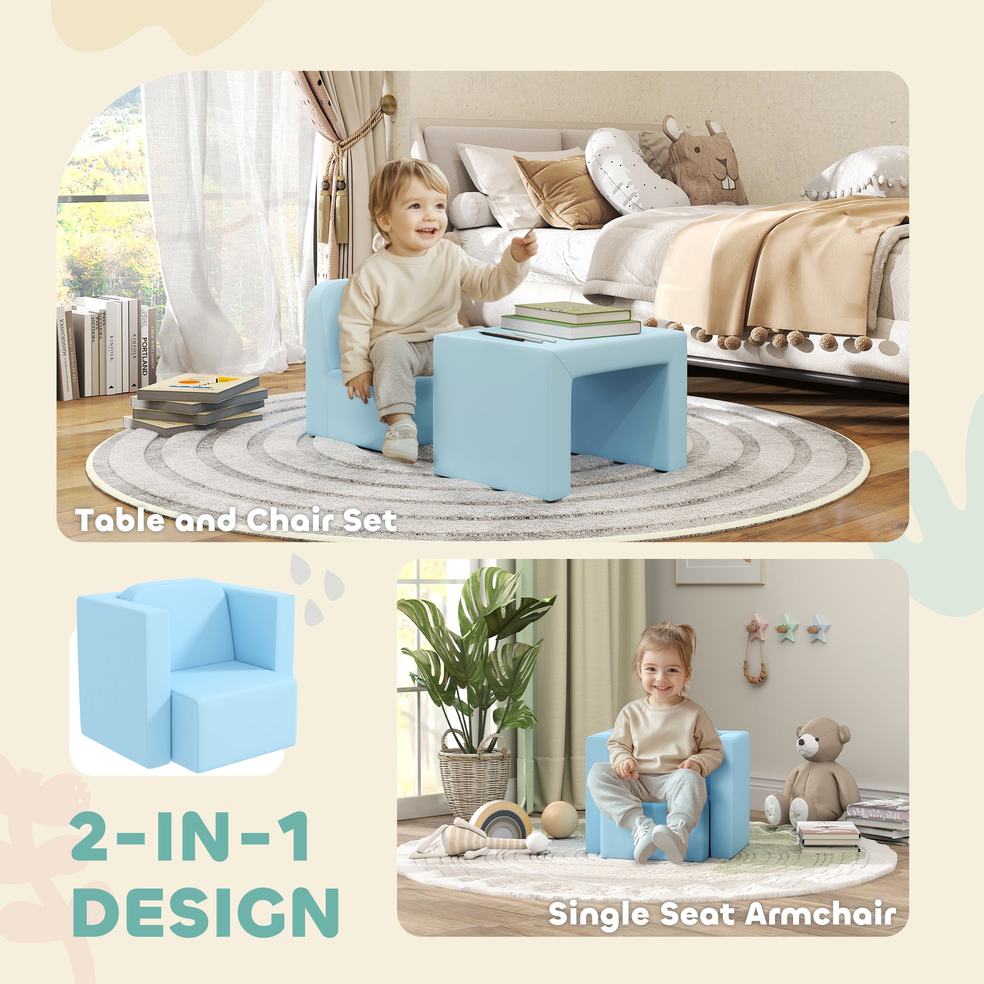 2-in-1 Convertible Table and Chair Set for Boys Girls for Boys Girls, Light Blue