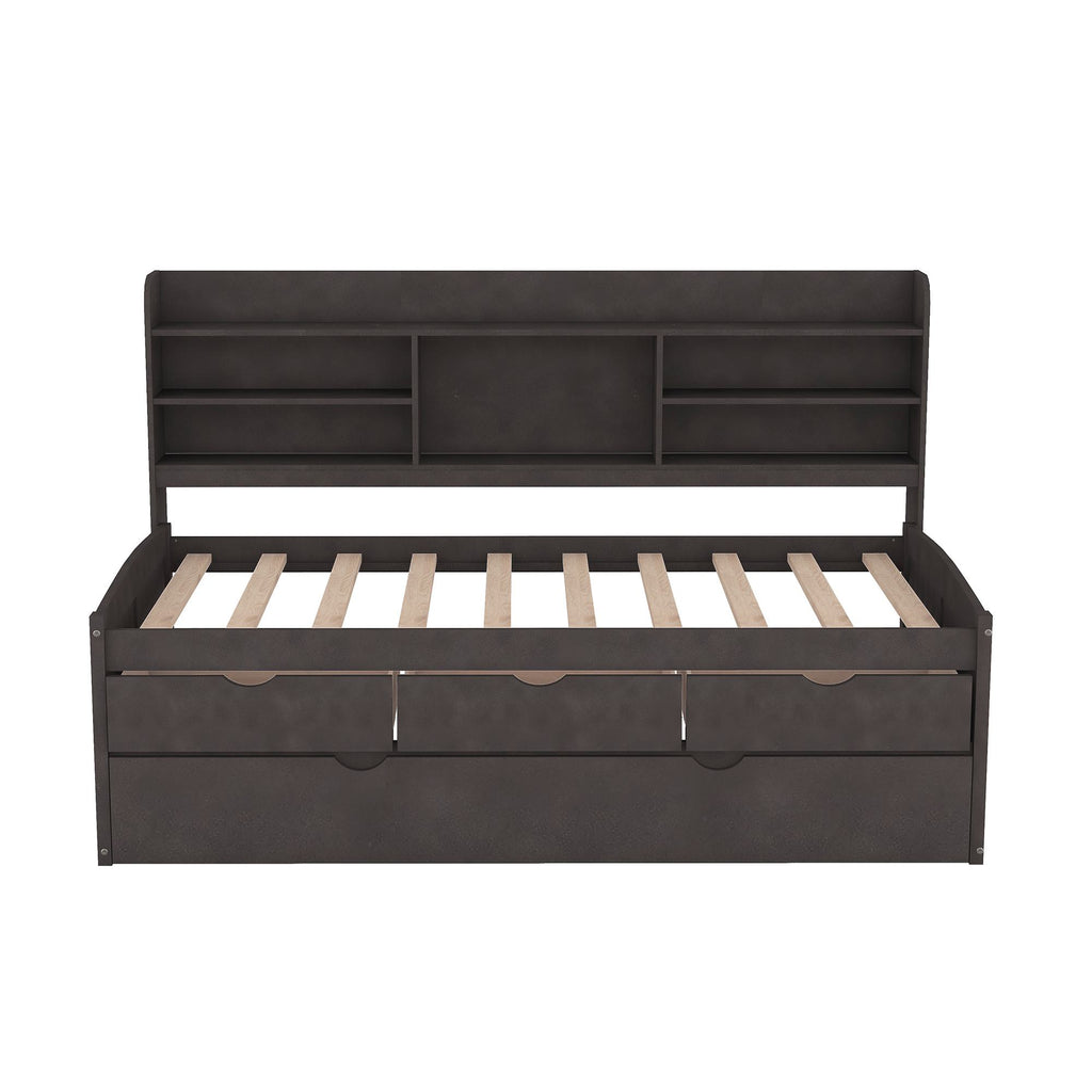 Classic Style Twin Size Wooden Captain Bed with Built-in Bookshelves, 3 Storage Drawers, and Trundle, 77.5" L x 88" W x 47" H, Antique Gray