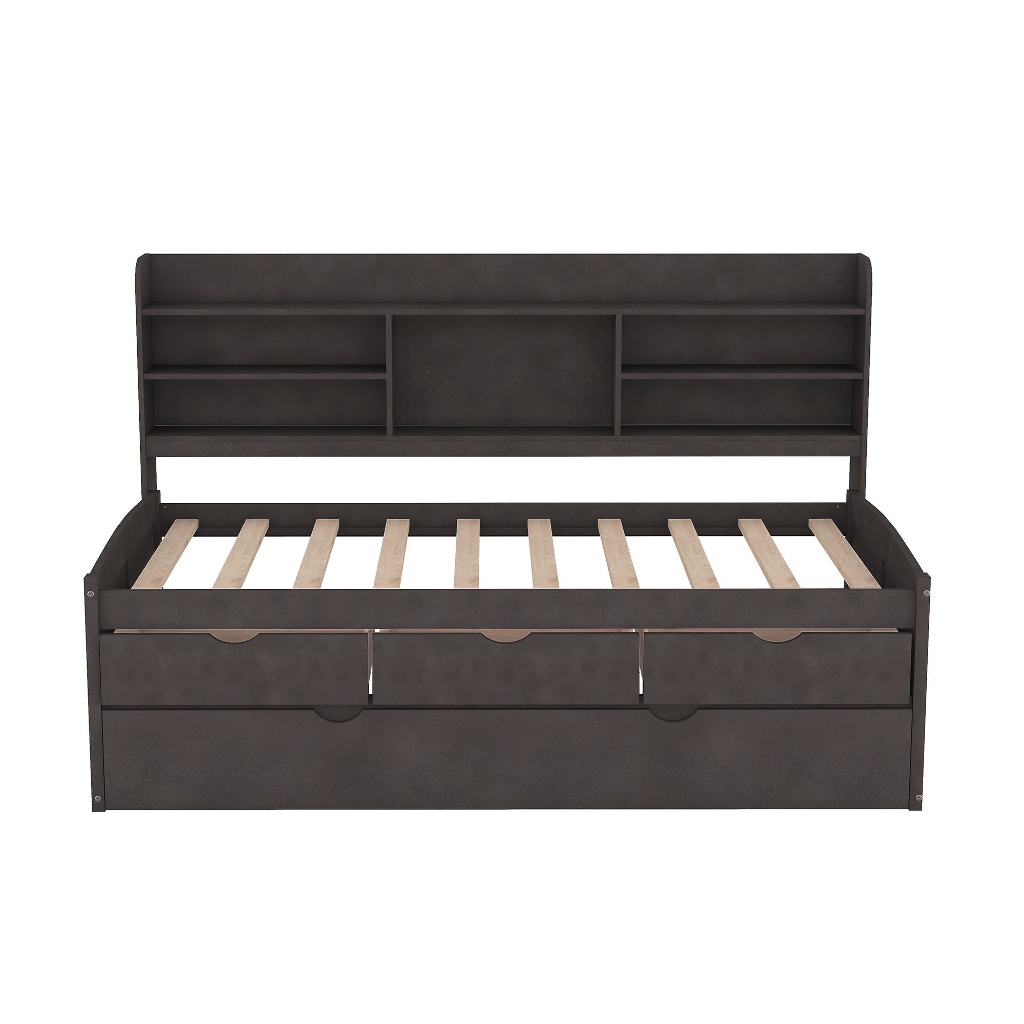 Classic Style Twin Size Wooden Captain Bed with Built-in Bookshelves, 3 Storage Drawers, and Trundle, 77.5" L x 88" W x 47" H, Antique Gray