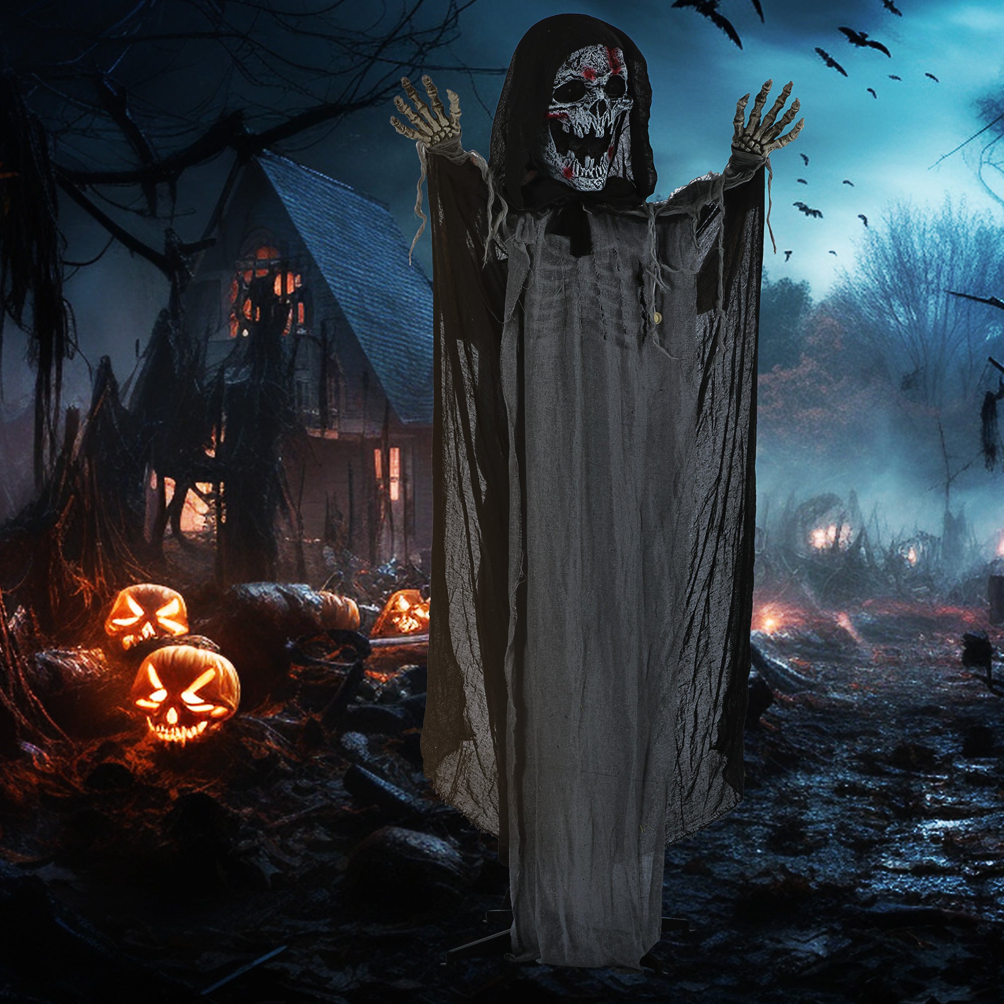 74" Life Size Outdoor Halloween Decorations Skeleton Witch, Animated Prop Animatronic Decor with Sound and Motion Activated, Light Up Eyes and Chest, Howling and Chain Sound