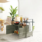 2-Tier Shelf PE Rattan Outdoor Bar Table, Glass Top Outdoor Serving Cart with Cabinet, Mixed Gray