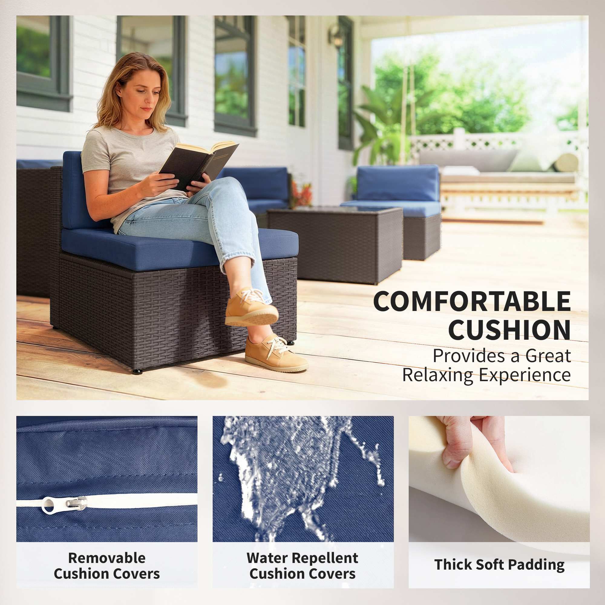 7 Piece Patio Furniture Set, All Weather PE Rattan Outdoor Furniture Conversation Sets with Glass Top Coffee Table