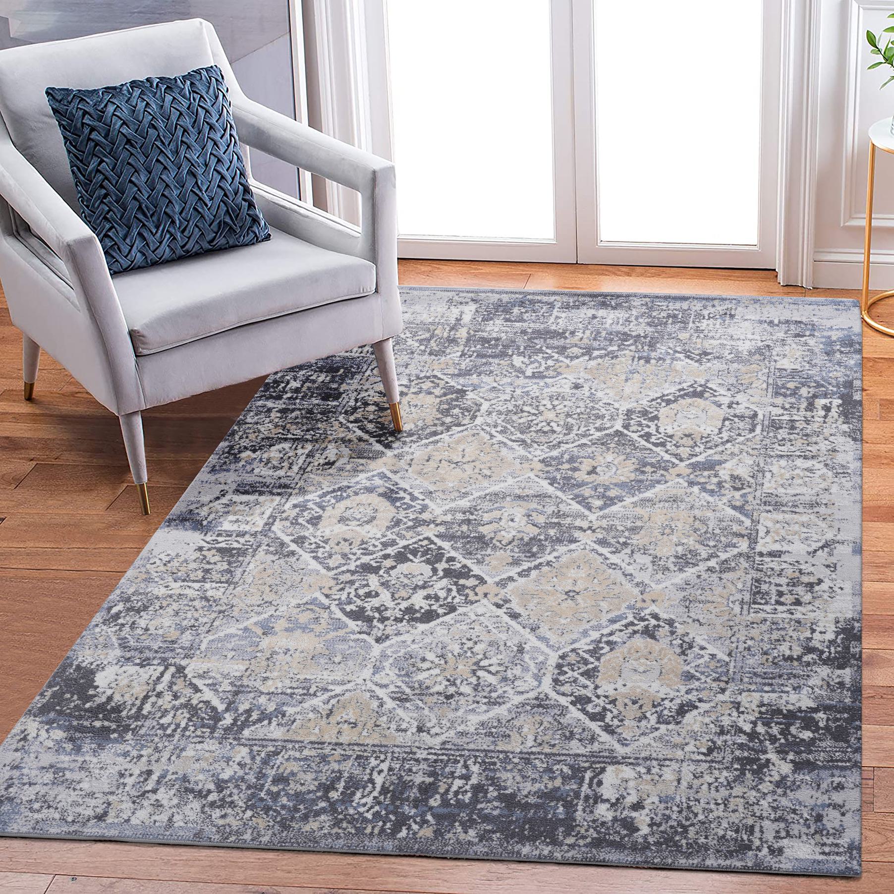 Naar 8x10 Traditional Stain-Resistant Area Rug with Cotton Backing, Medium Pile, Kid and Pet-Friendly Carpet, 120" L x 93" W x 0.3" H, Gray+Blue