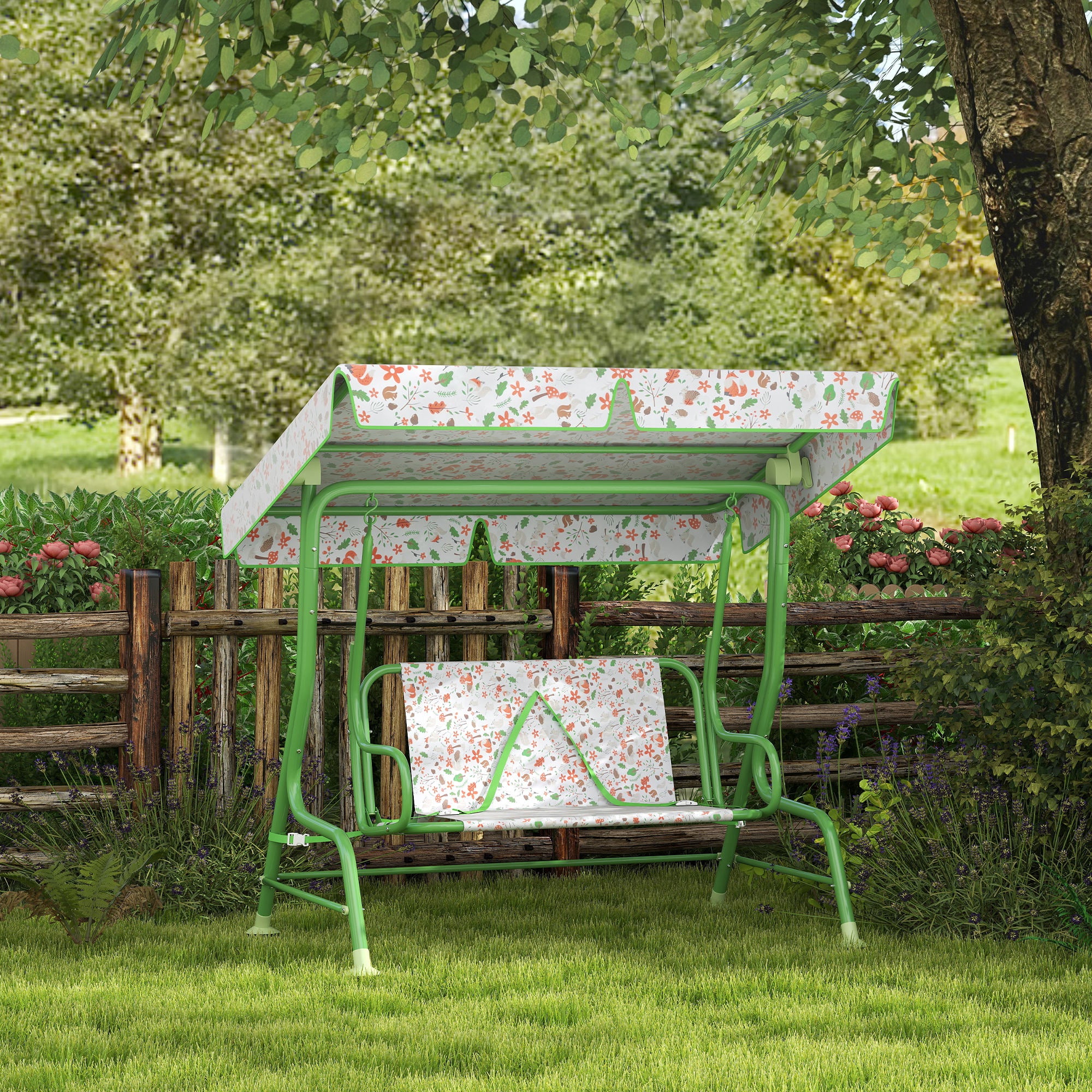 Kids Patio Swing Chair with Adjustable Canopy, Safety Belt for Patio, Garden, Poolside, Balcony, Green