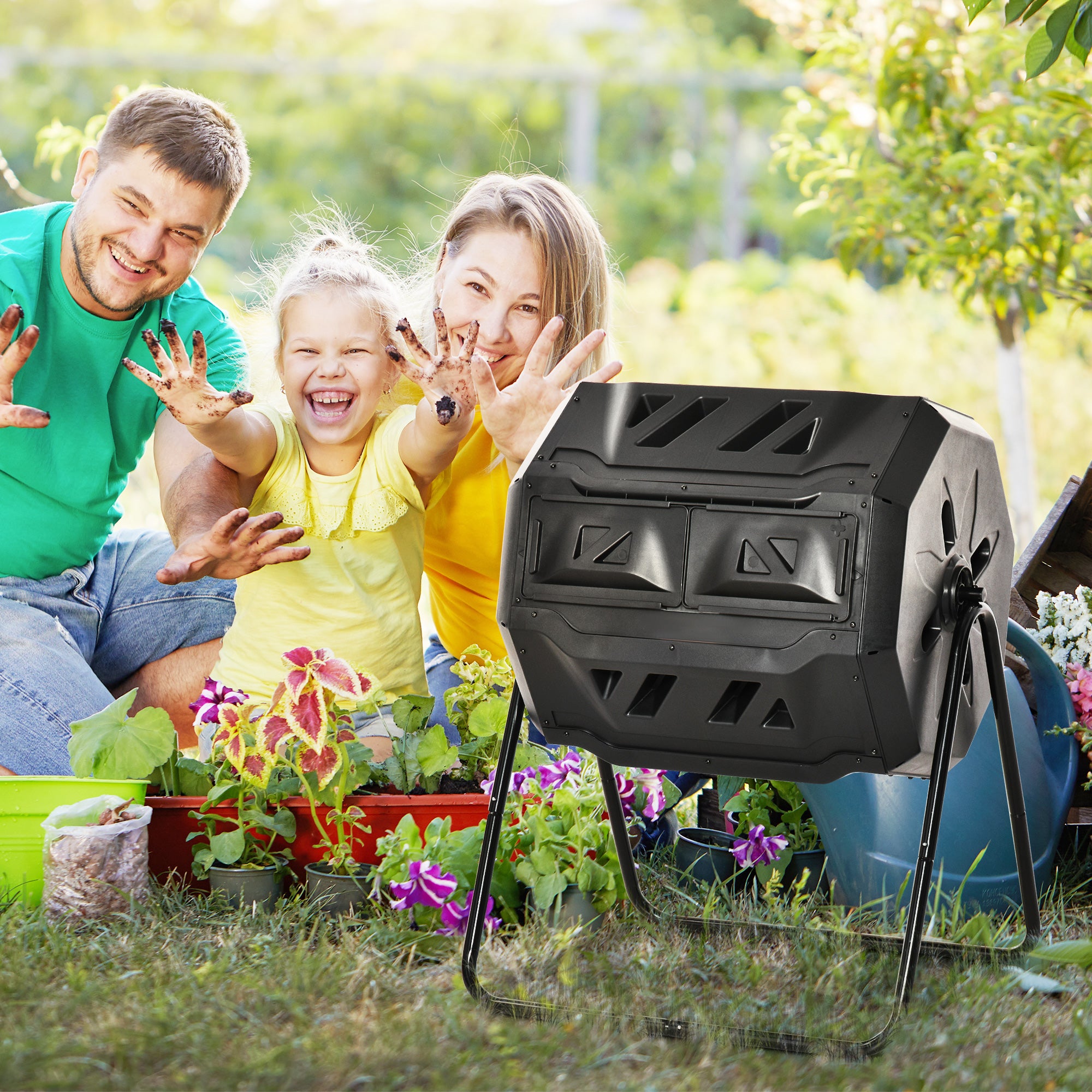 Tumbling Compost Bin Outdoor 360° Dual Chamber Rotating Composter 43 Gallon, Black