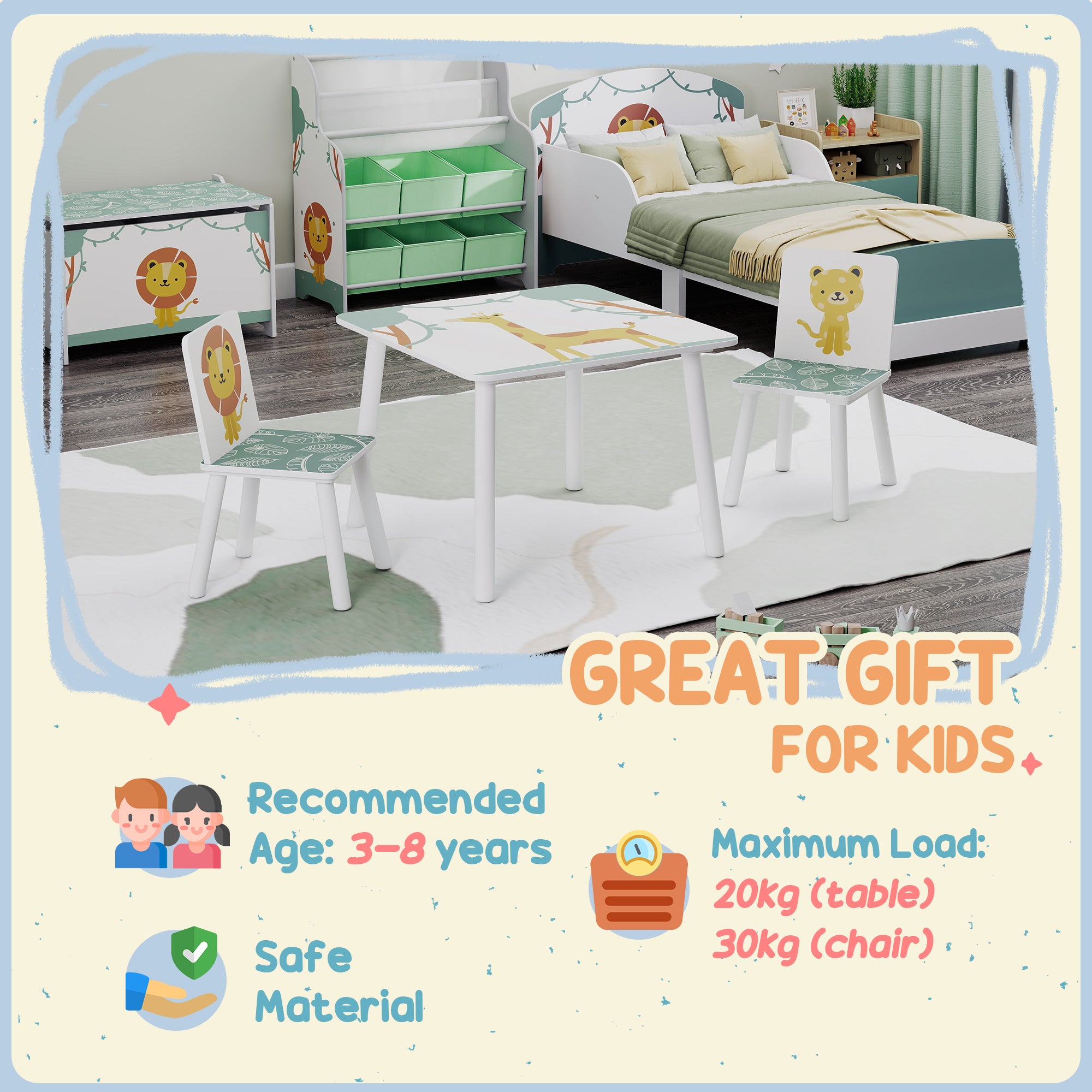 3-Piece Kids Toddler Table and Chair Set Furniture for Boys and Girls Aged 3-8, Bedroom, Nursery, Playroom, Green