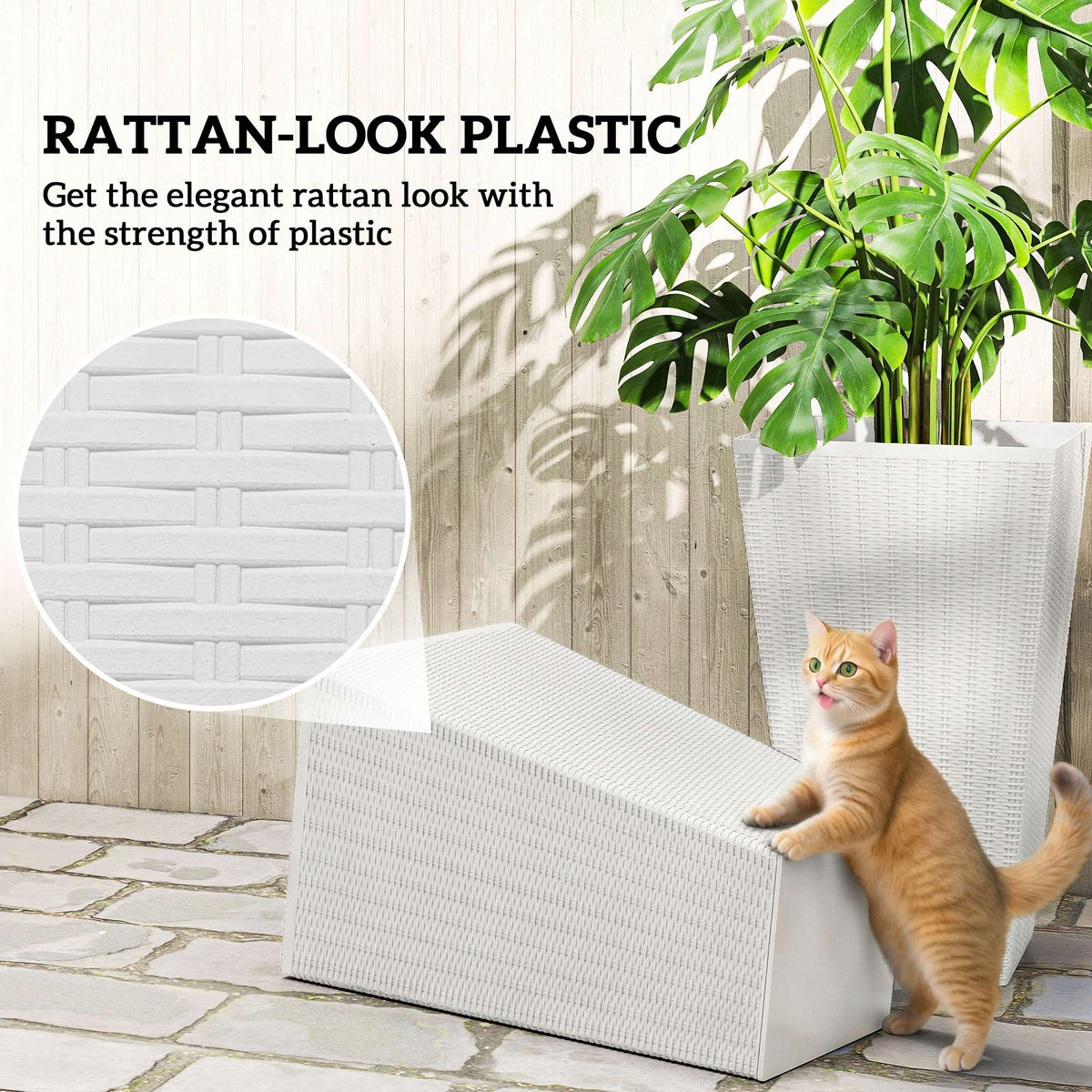 Tall Planters for Outdoor Plants Set of 3, 24 In Taper Planters with Drainage Holes, Rattan Decor Plant Pots, White