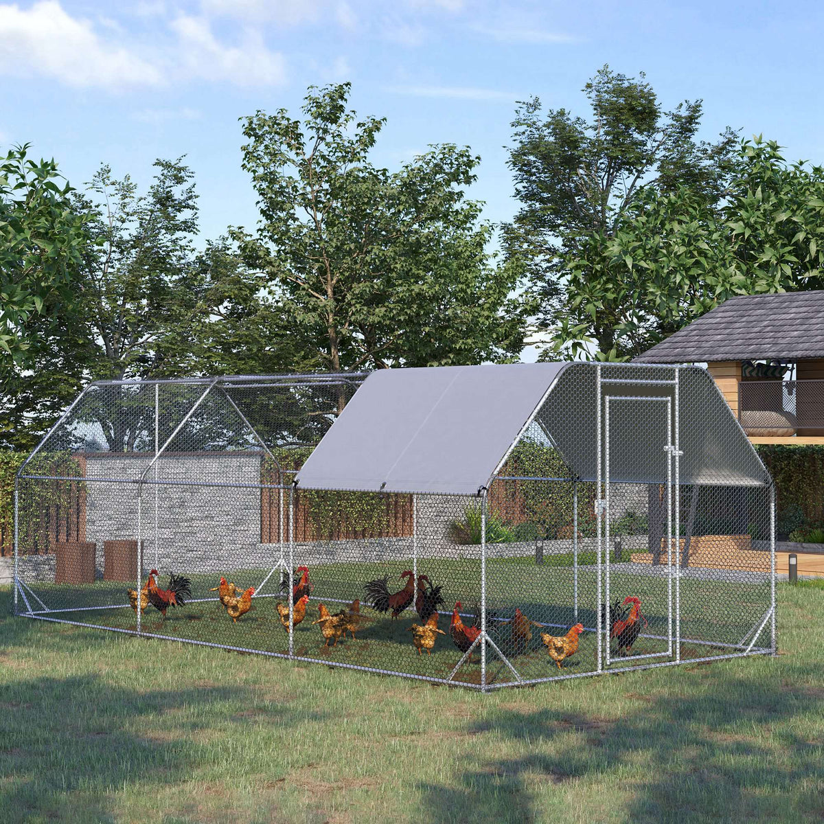 9.2' x 18.7' x 6.4' Large Chicken Coop Metal Chicken Run with Waterproof and Anti-UV Cover, Flat Shaped Walk in Fence Cage Hen House for Outdoor and Yard Farm Use, 1" Tube Diameter