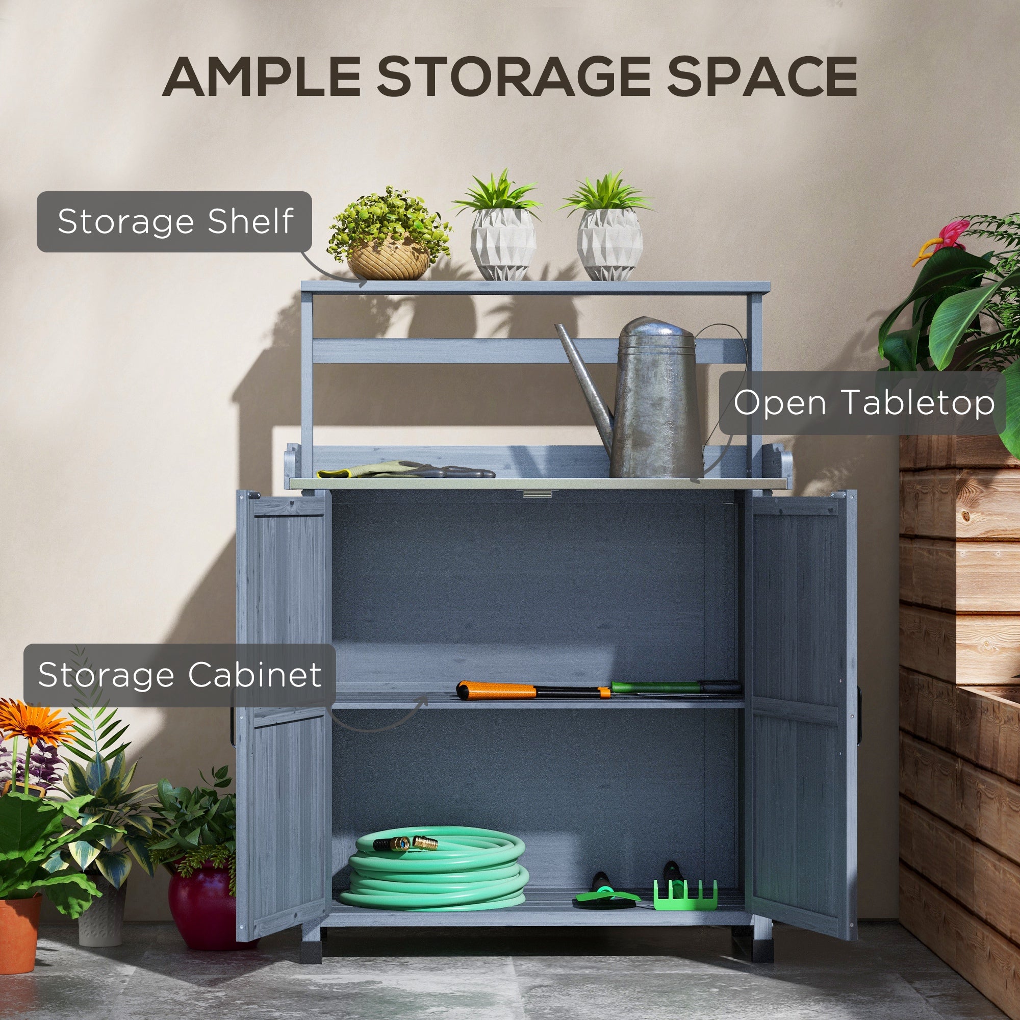 Outdoor Wooden Potting Bench with Storage Cabinet, Shelves, Galvanized Plated Tabletop for Backyard, Balcony, Gray