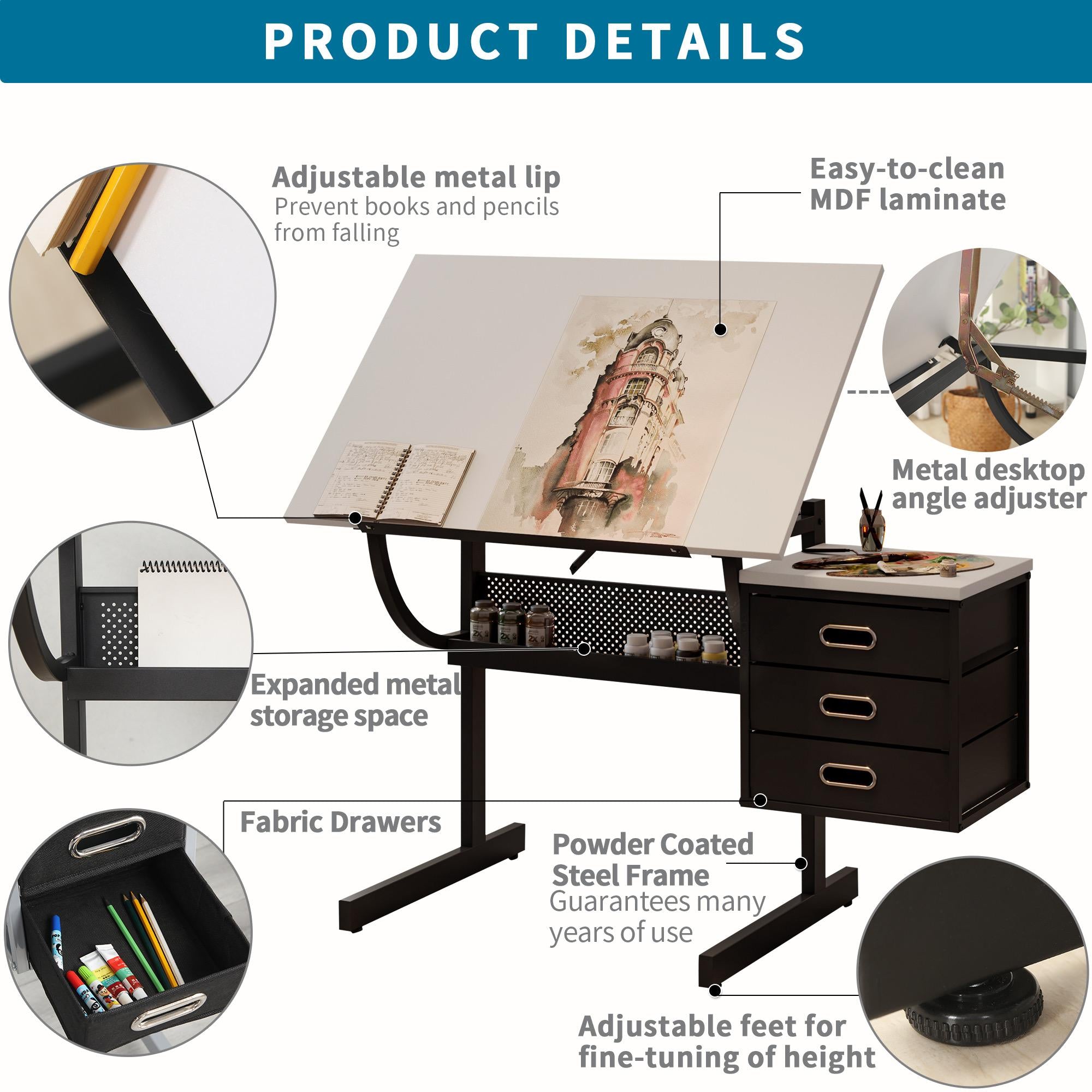 Adjustable Drafting Table with Stool and 3 Hanging Fabric Drawers, Desk for Drawing, Crafting & Reading, 45.5" L x 23.5" W x 30" H, Black+White