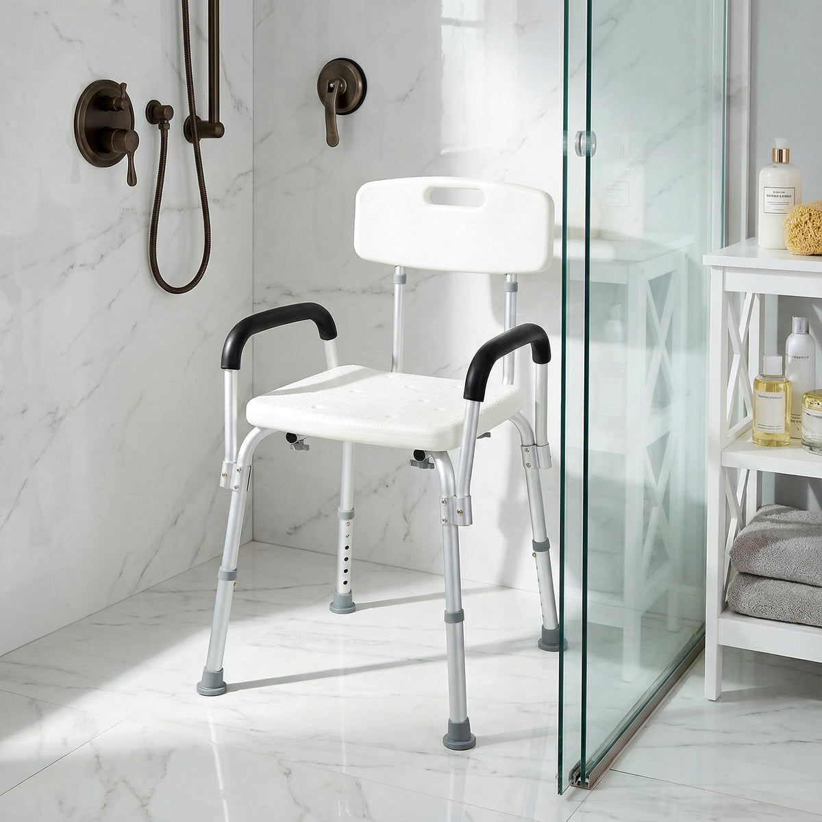 Shower Chair, Mobility Medical Grade Bath Chair, Adjustable Shower Bench with Removable Armrests for Seniors, Handicap, Disabled