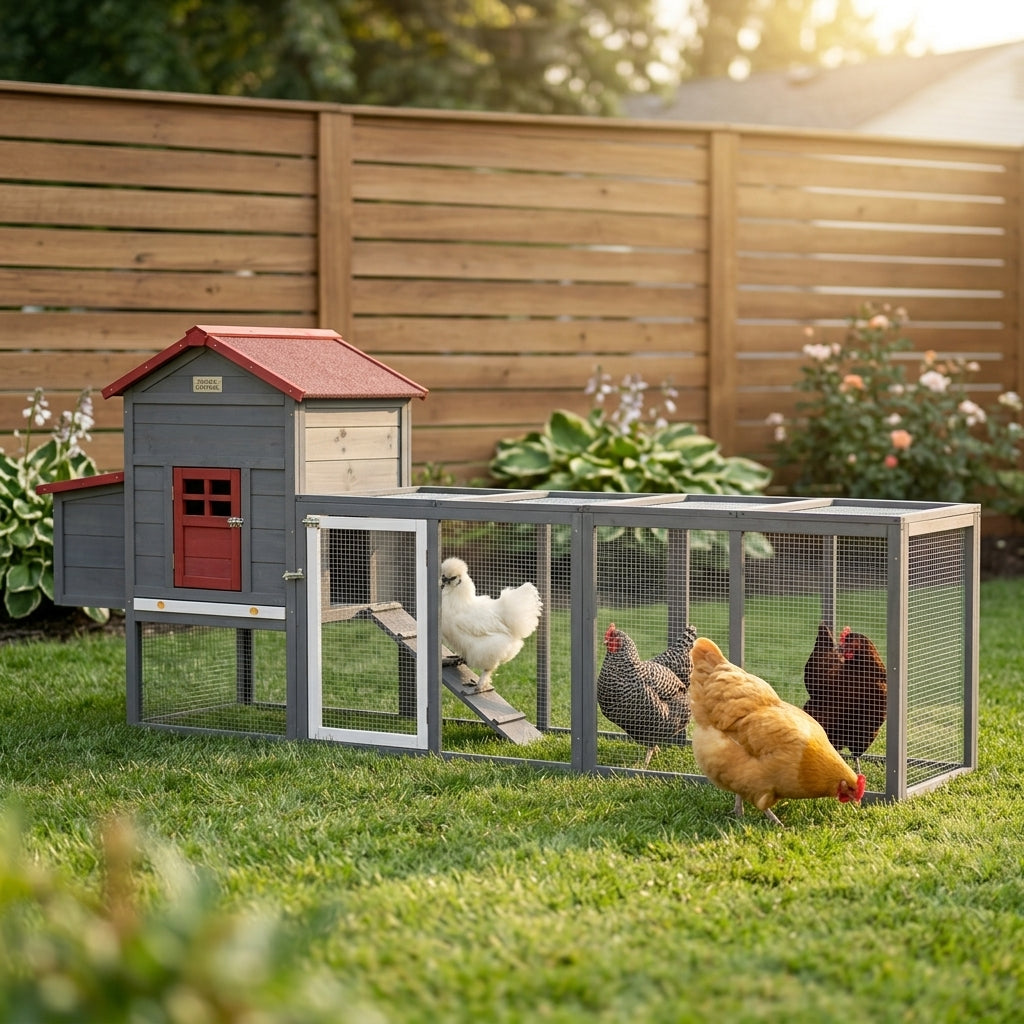 118" Extra Large Chicken Coop with Asphalt Roof, Wooden Hen Run with Slide-Out Tray and Nesting Box, Chicken Hutch for 3-6 Chickens, Gray