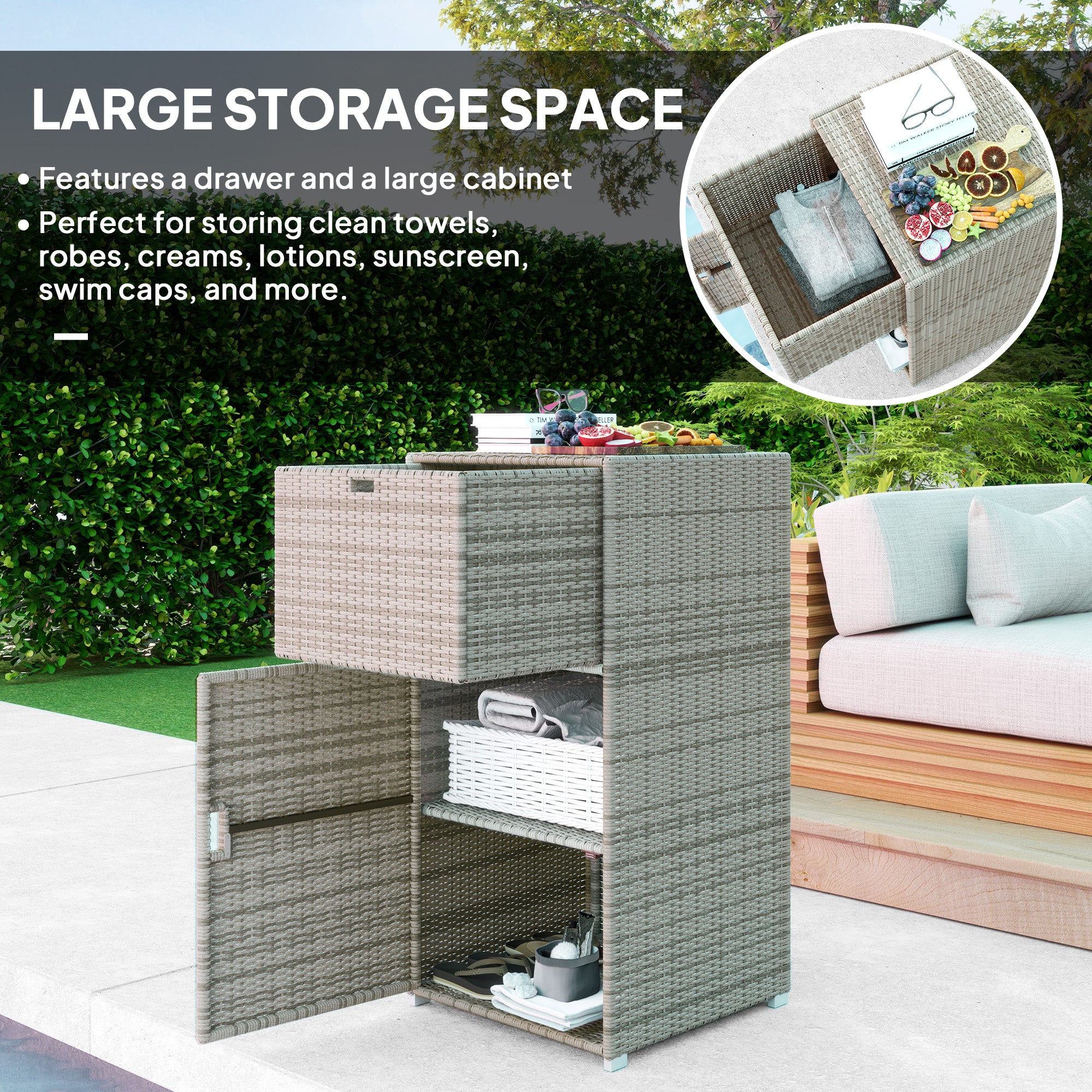 Outdoor Towel Rack for Pool w/ Drawer & Cabinet, Gray