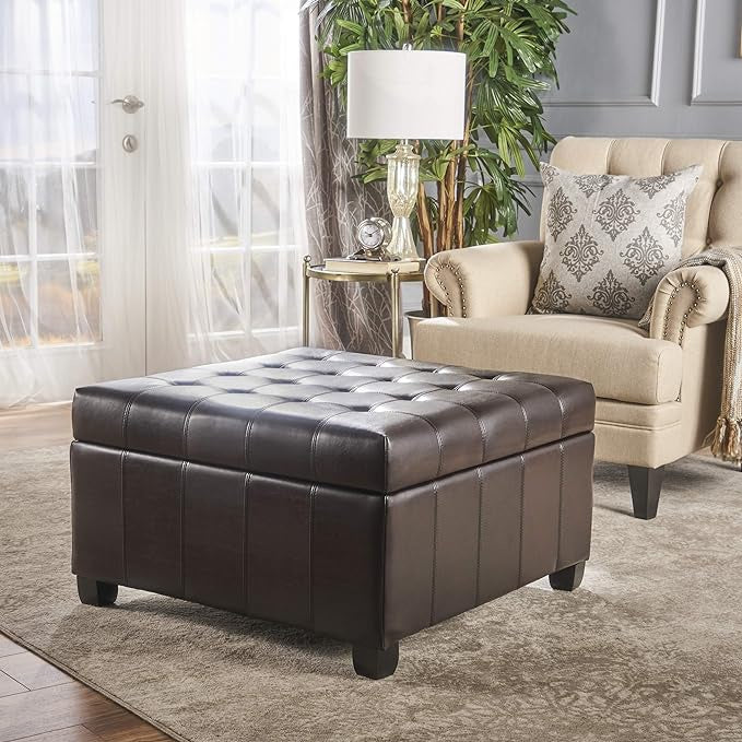Square Ottoman with Tufted Waffle Stitch, Contemporary Design, Upholstered Storage Space, 31" L x 31" W x 18.6" H, Brown