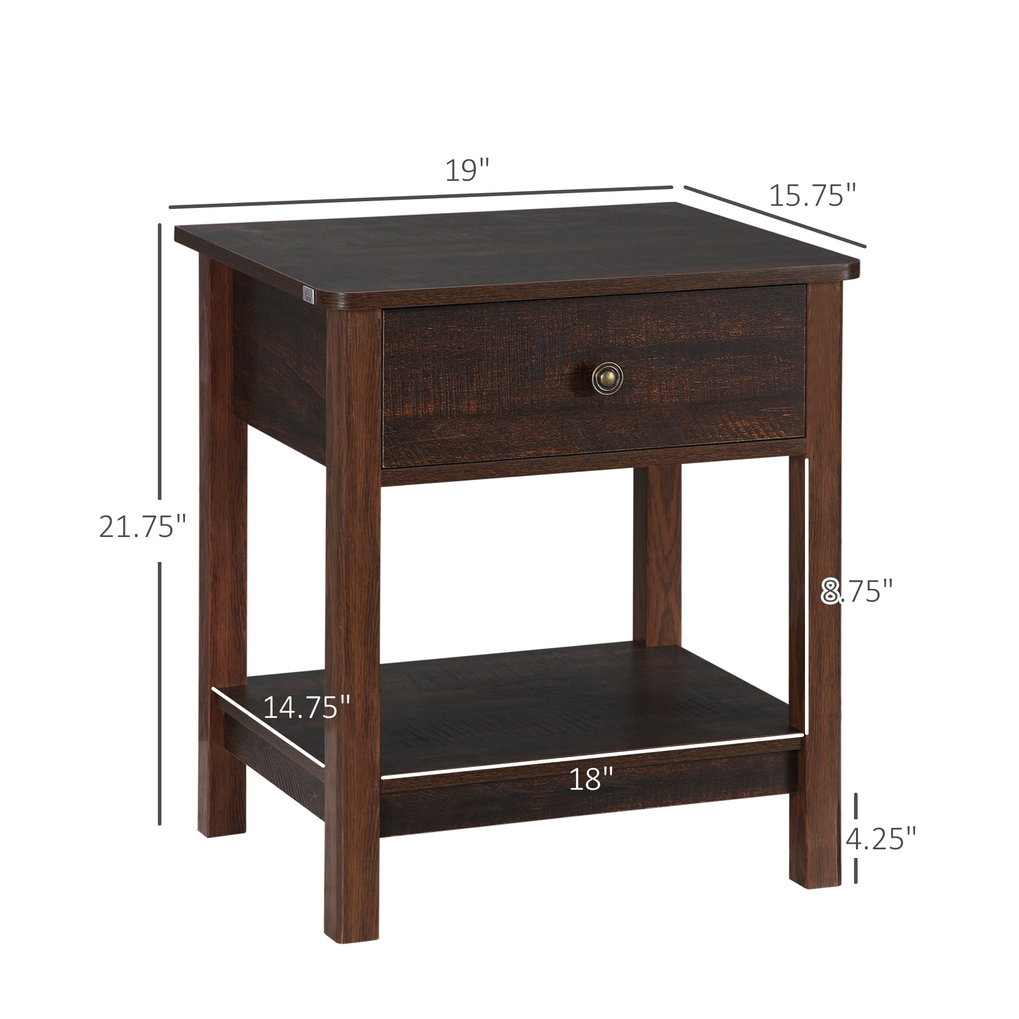 End Table with Drawer, Side Table with Top and Bottom Shelf for Small Spaces, Set of 2, Dark Brown
