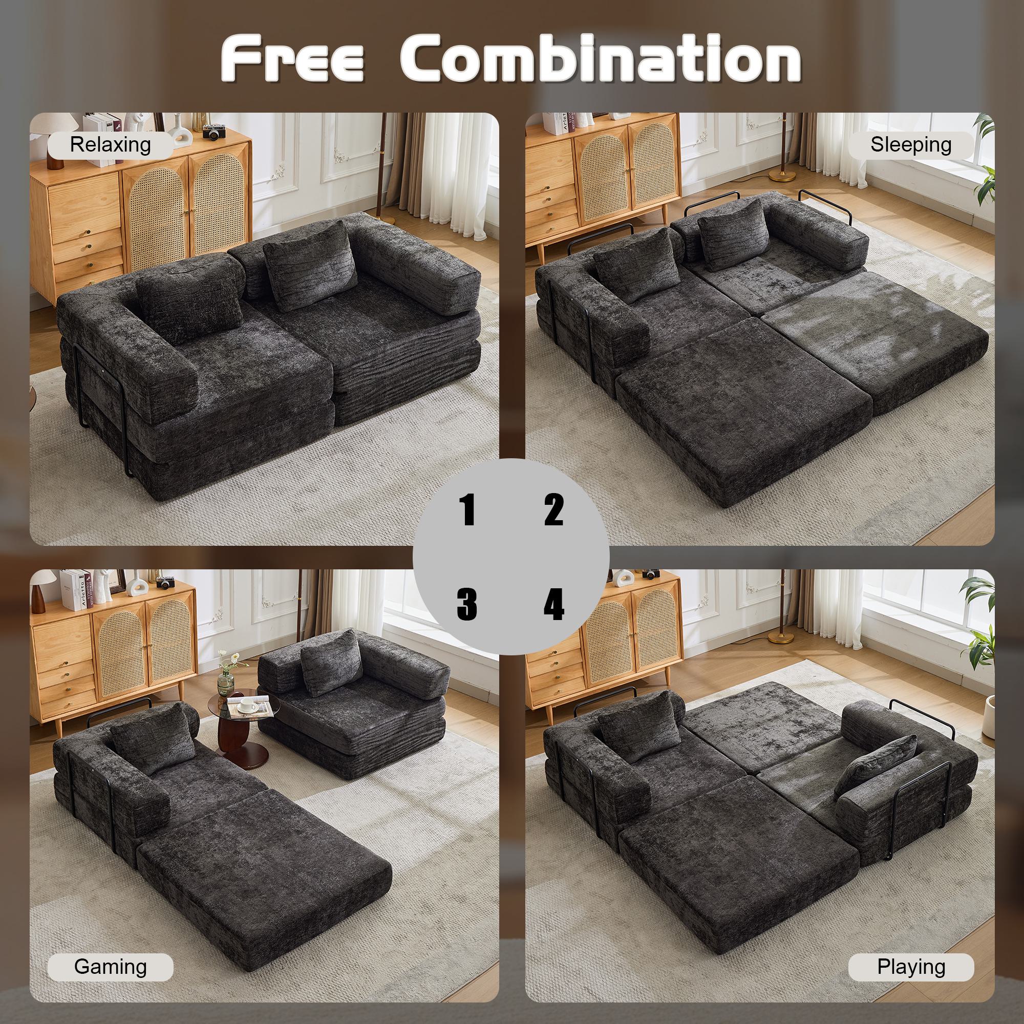 Convertible Sofa Bed Floor Sofa with Fixed-Shape Frame, Chenille Fabric Loveseat Modular Sectional for Apartments, Compressed Sofa 79" L x 39.5" W x 25" H, Black