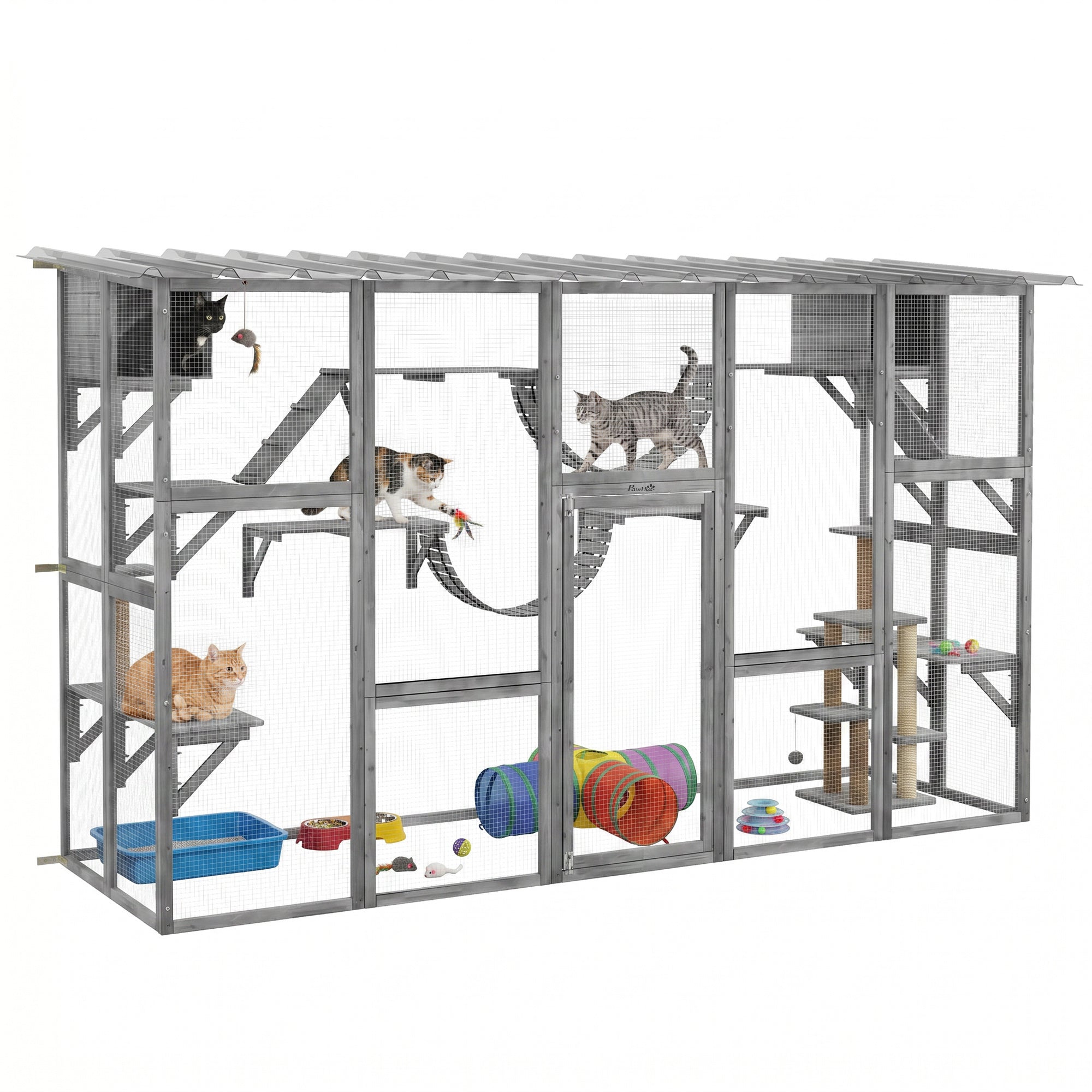 Catio Playground Cat Window Box Outside Enclosure for Multiple Cats w/ Shelves & Bridges, Gray