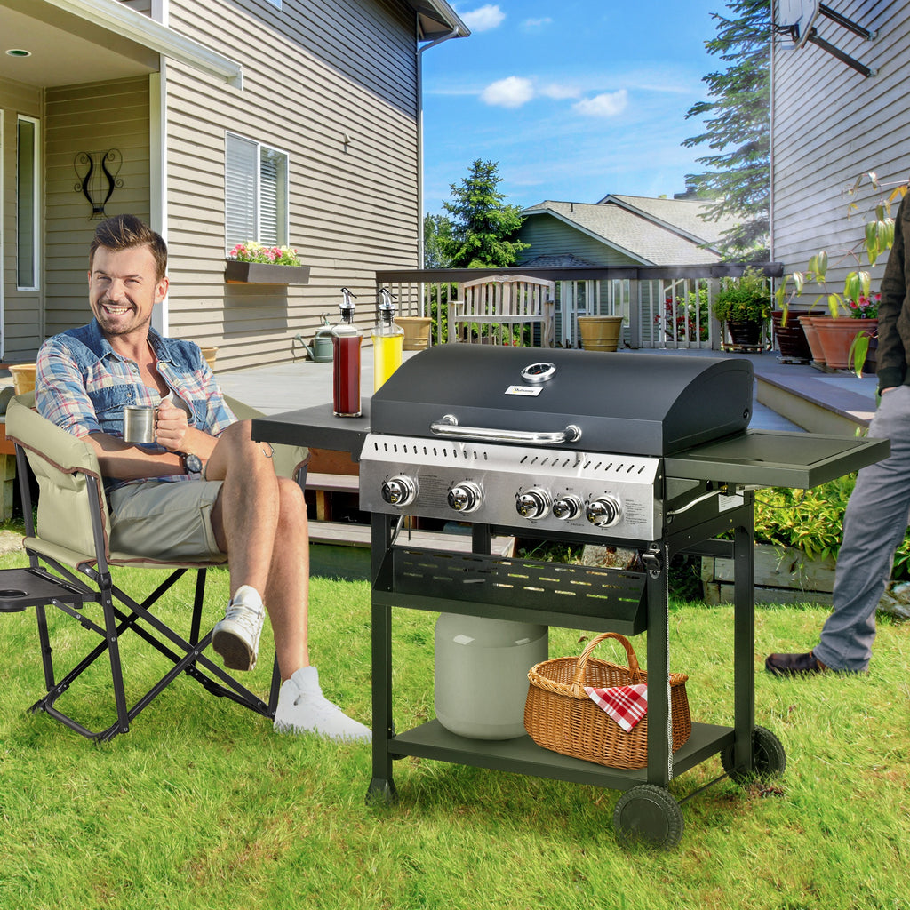 4 Burner Propane Gas Grill with Side Burner, 40,000 BTU Outdoor Barbeque with Shelves, Thermometer, Bottle Opener, Black