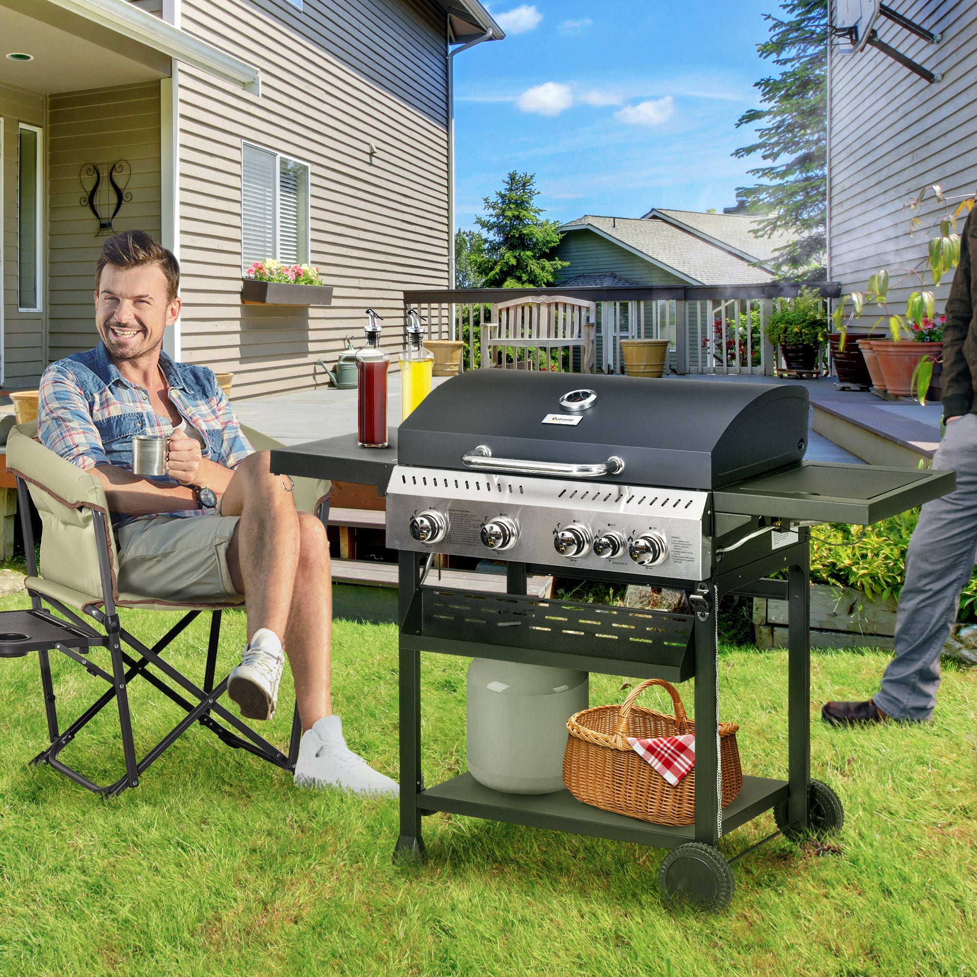 4 Burner Propane Gas Grill with Side Burner, 40,000 BTU Outdoor Barbeque with Shelves, Thermometer, Bottle Opener, Black