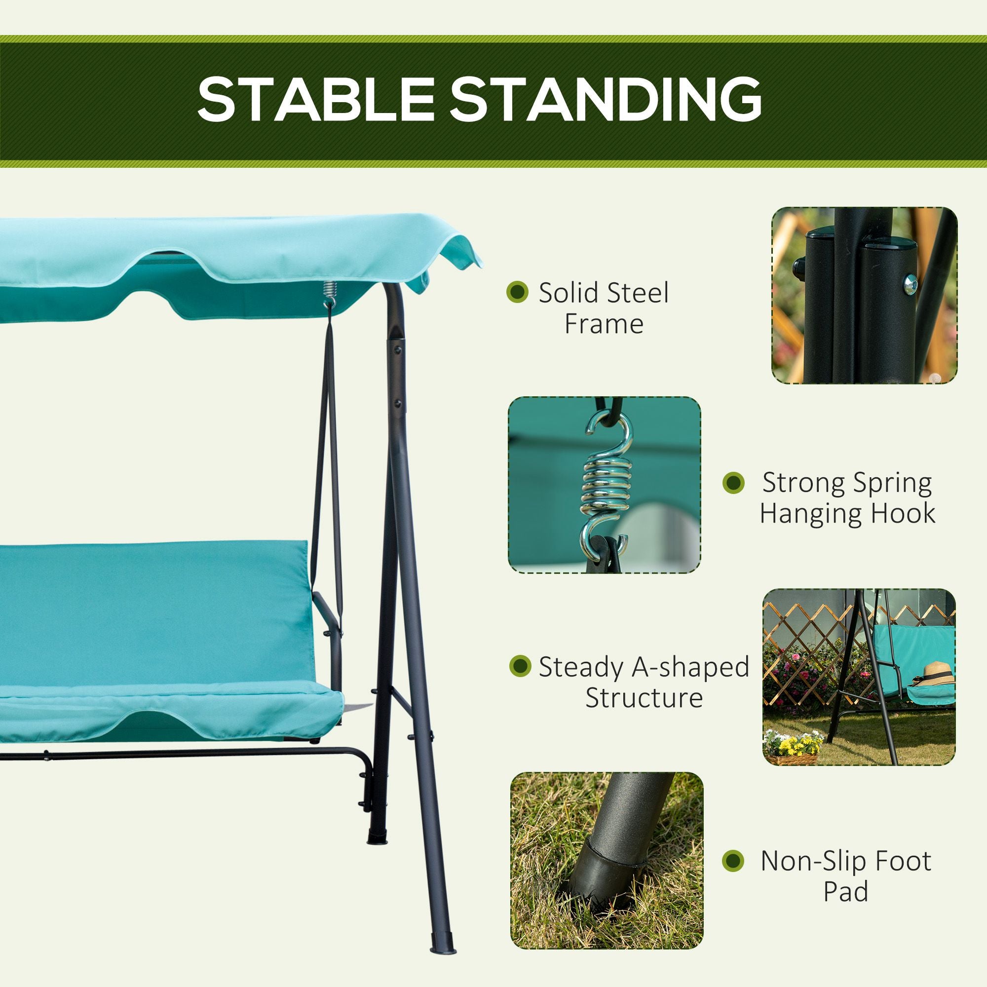 3-Seat Outdoor Patio Swing Chair with Removable Cushion, Steel Frame Stand and Adjustable Tilt Canopy for Patio, Garden, Poolside, Balcony, Backyard, Green