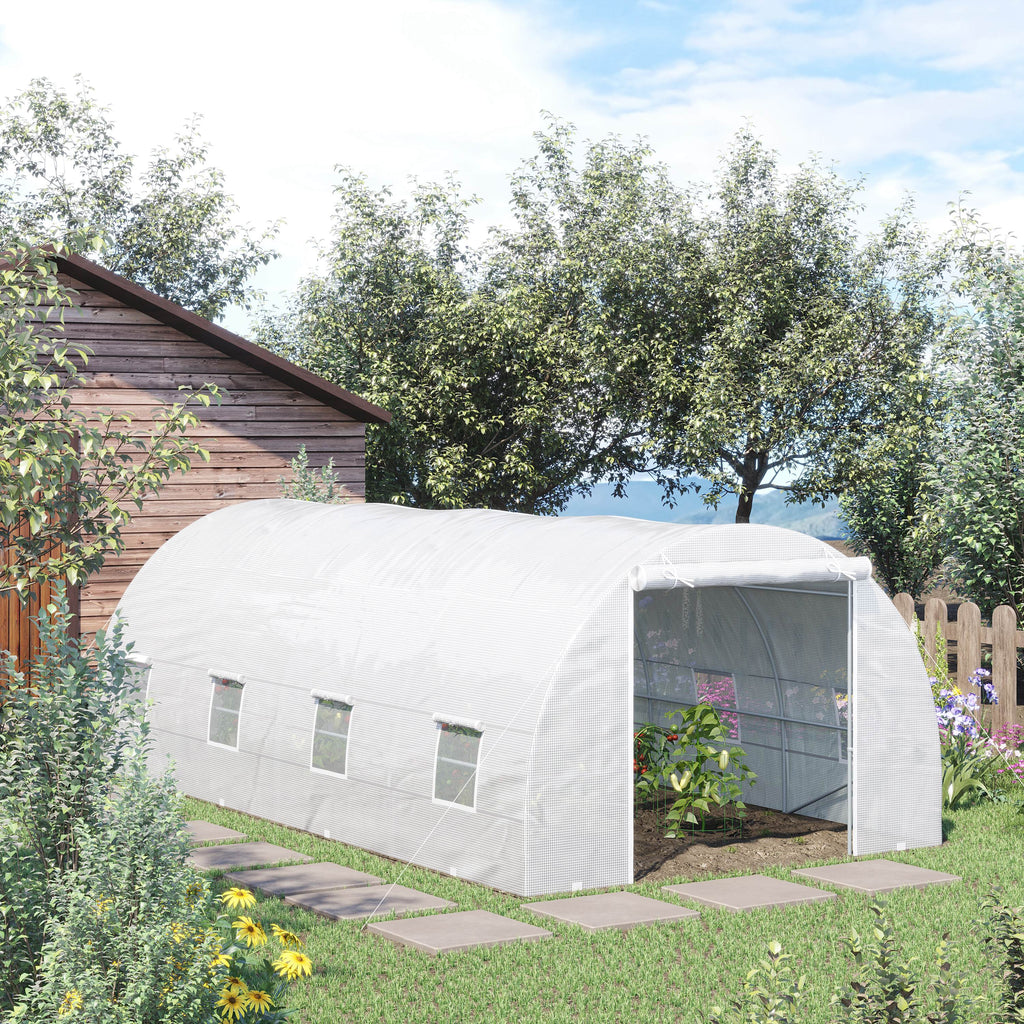 20' x 10' x 7' Walk-In Tunnel Greenhouse with Zippered Door & 8 Mesh Windows, Large Garden Green House Kit, Galvanized Steel Frame, White