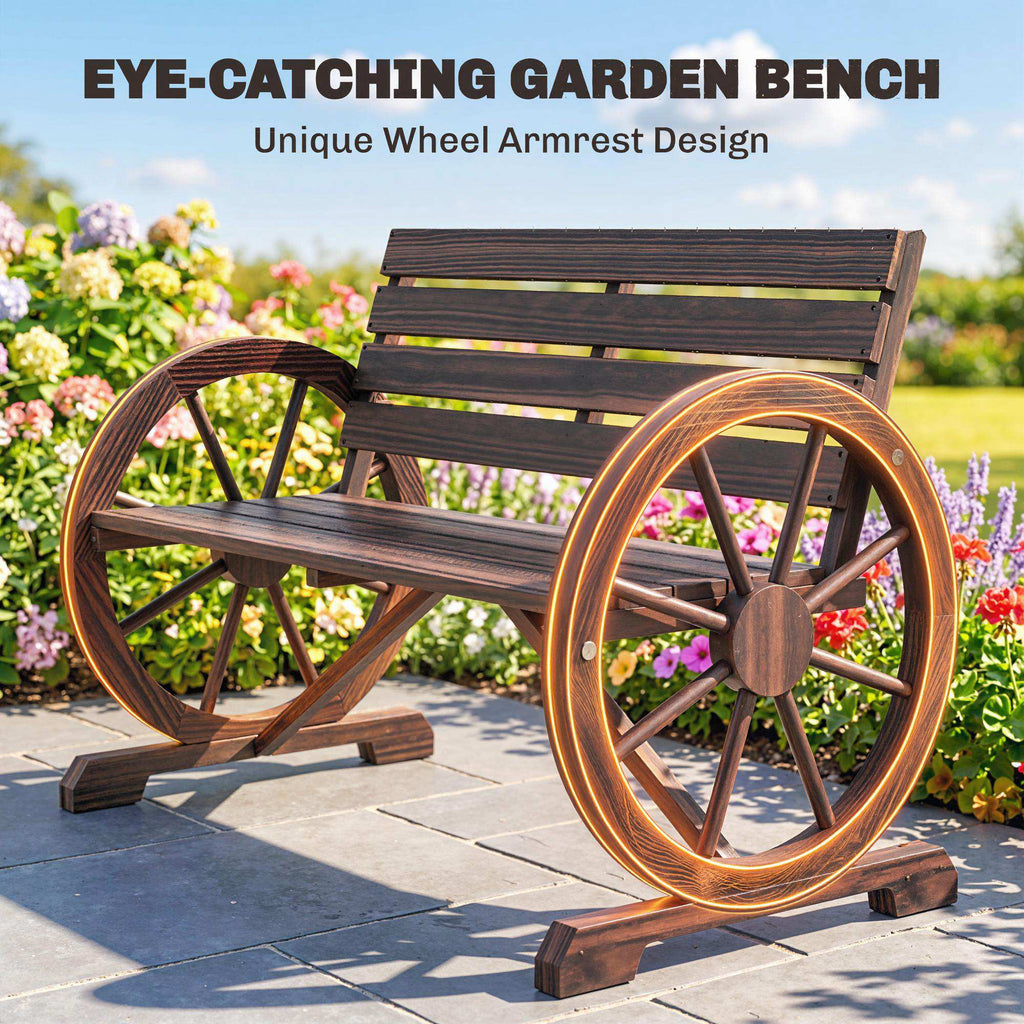 41" Wooden Wagon Wheel Bench, Rustic Outdoor Patio Bench Weather Resistance Furniture, 2-Person Slatted Seat with Backrest, Carbonized